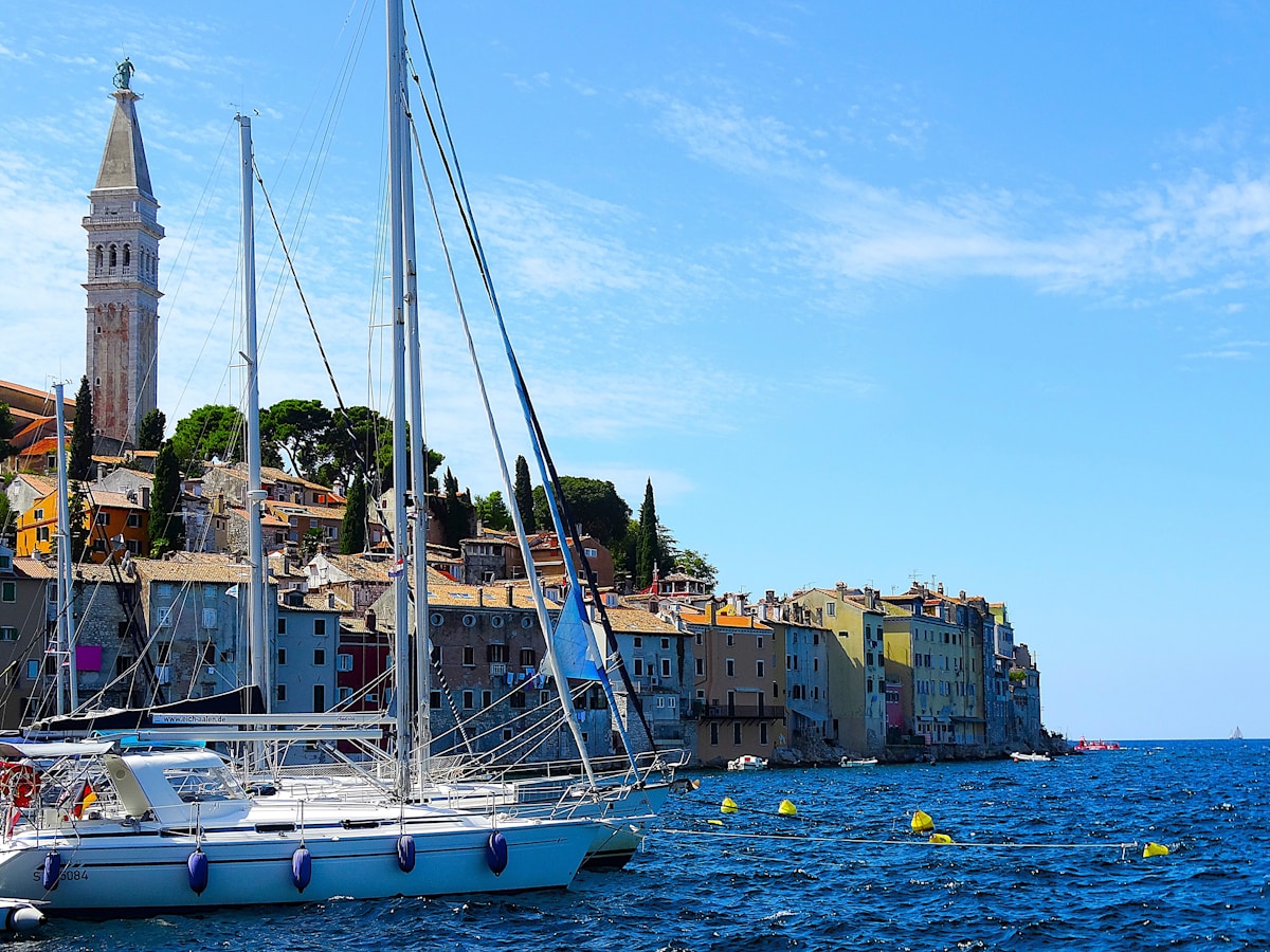 Sailboats moored in Rovinj harbour with the old town and St Euphemia's bell tower, Adriatic coast, Croatia