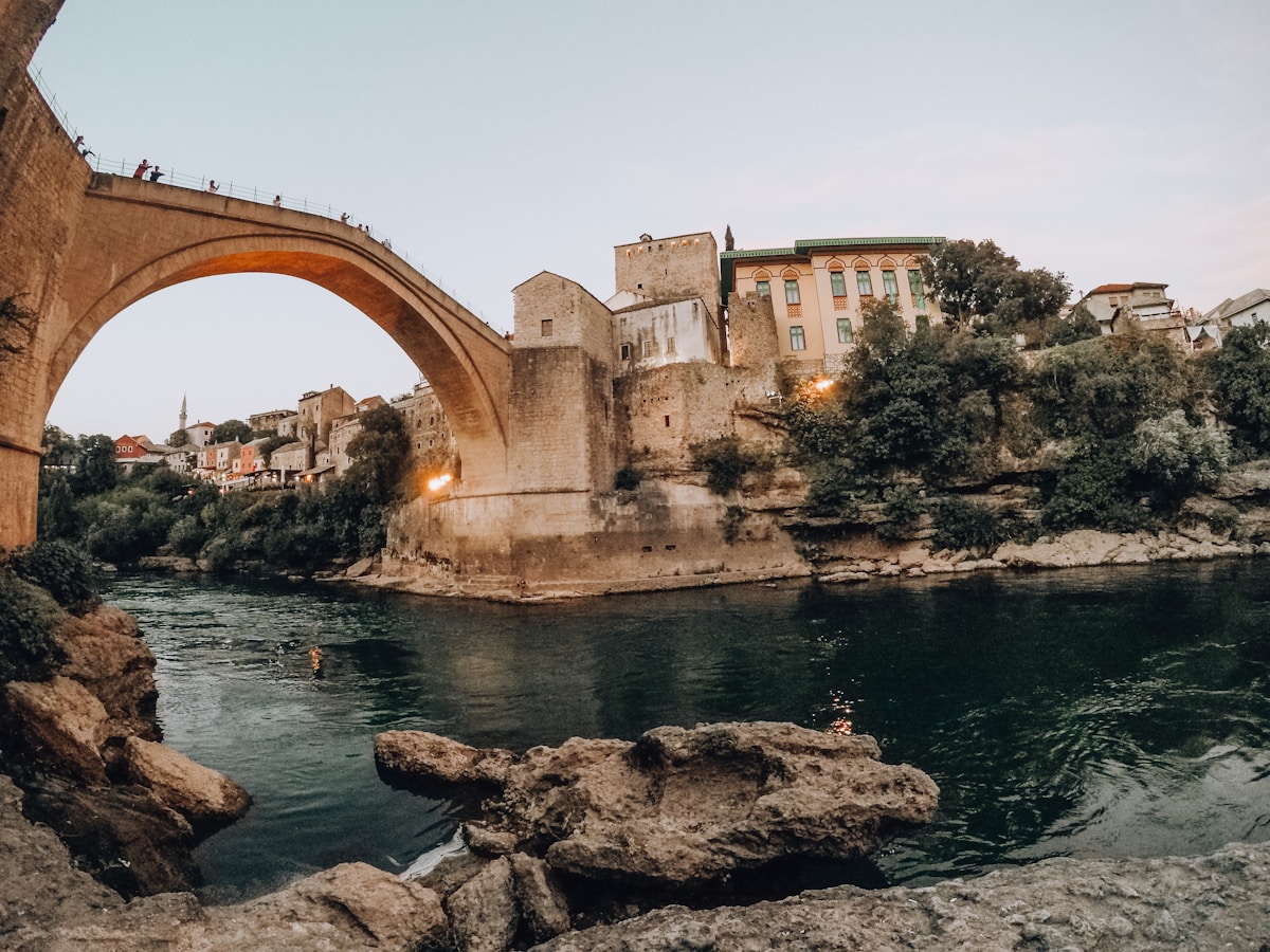 Stari Most arch bridge over the Neretva River in Mostar, Bosnia
