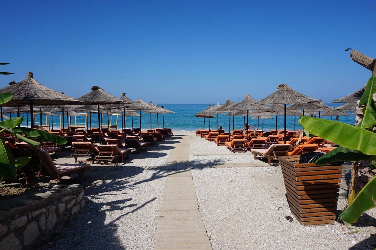 Beach umbrellas and sunbeds at Lukova Beach on the Albanian Riviera