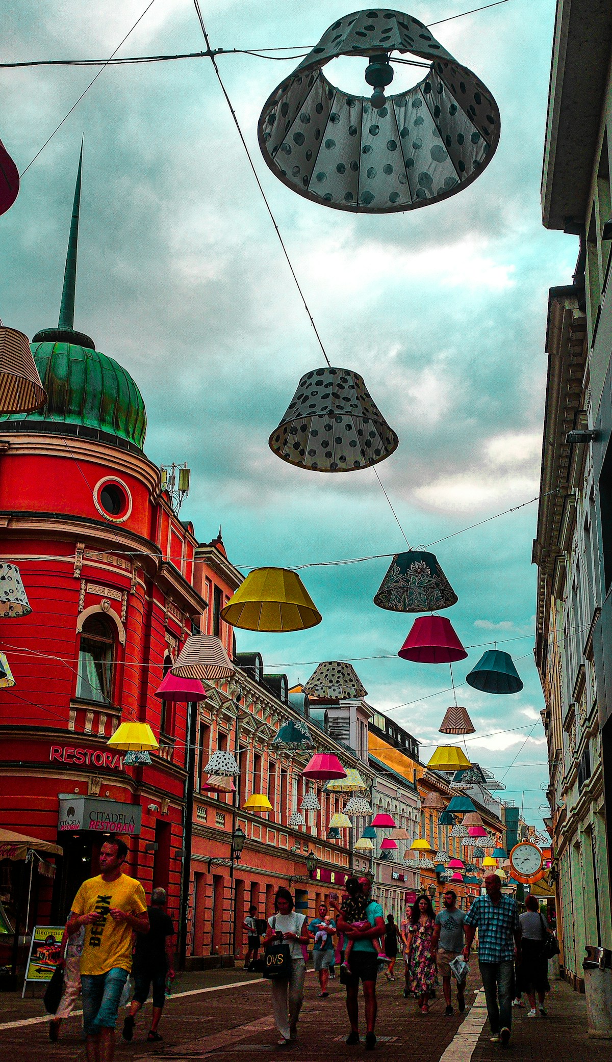 Pedestrianised Gospodska Street with decorative lights and people walking, Banja Luka, Bosnia and Herzegovina