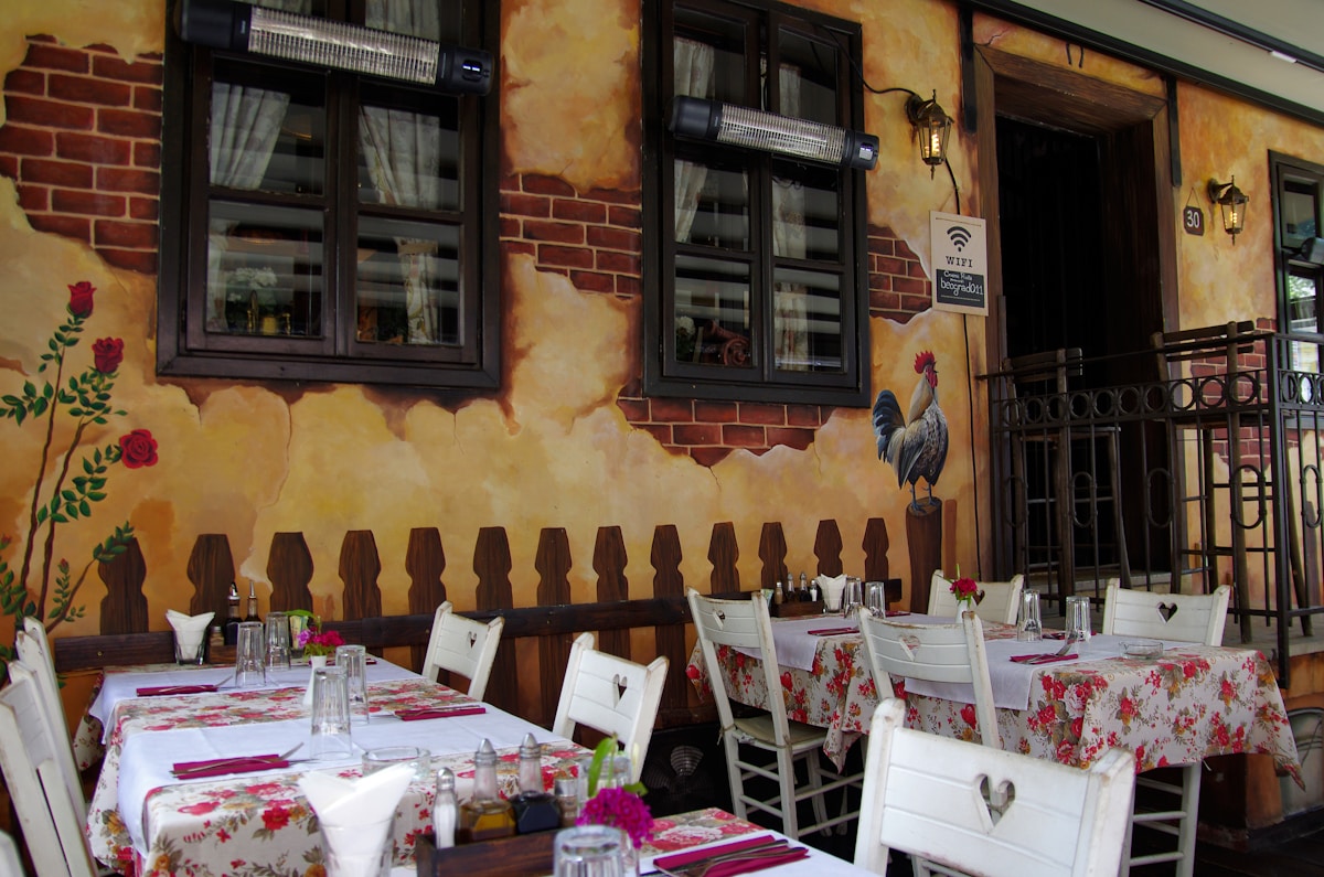 Outdoor restaurant terrace with brick walls in Belgrade, Serbia