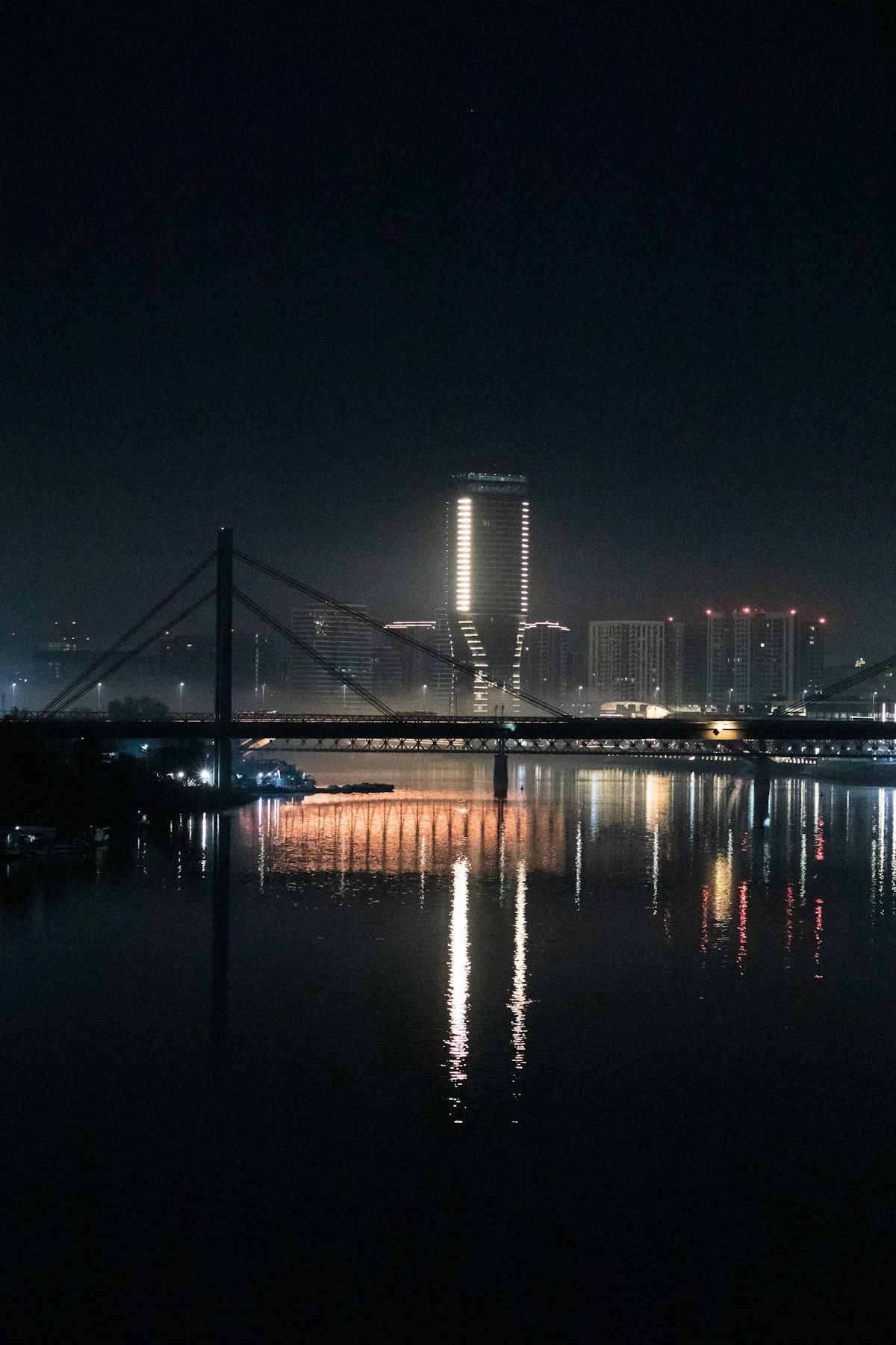 Belgrade bridge and city skyline reflected in the Sava River at night