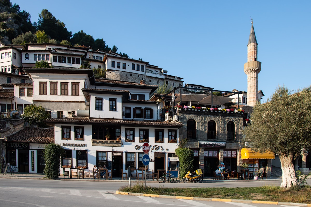 Mosque and traditional houses in Berat old town, Albania
