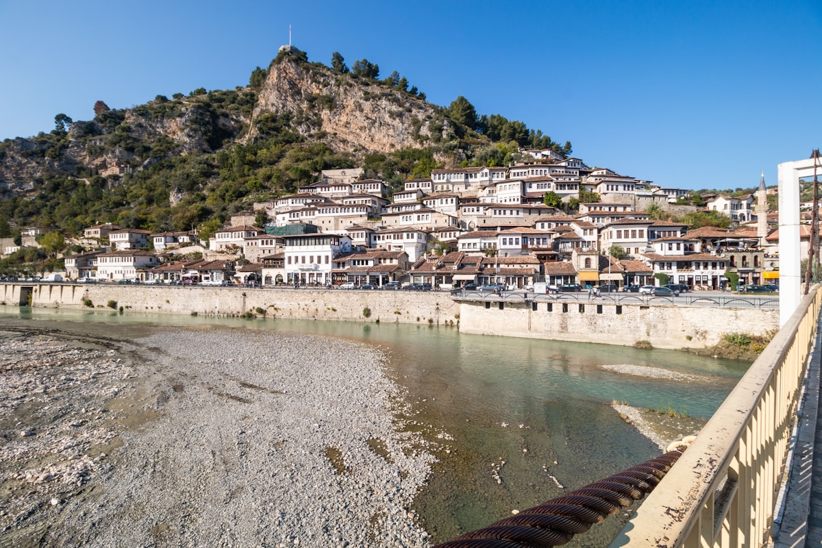 Berat Castle with bridge over the Osum River and historic city below, Albania