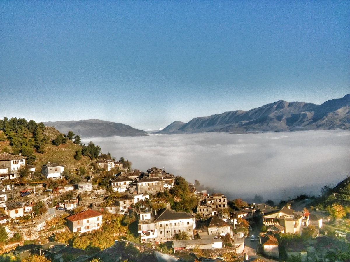 Hilltop castle and stone rooftops of Gjirokaster, Albania