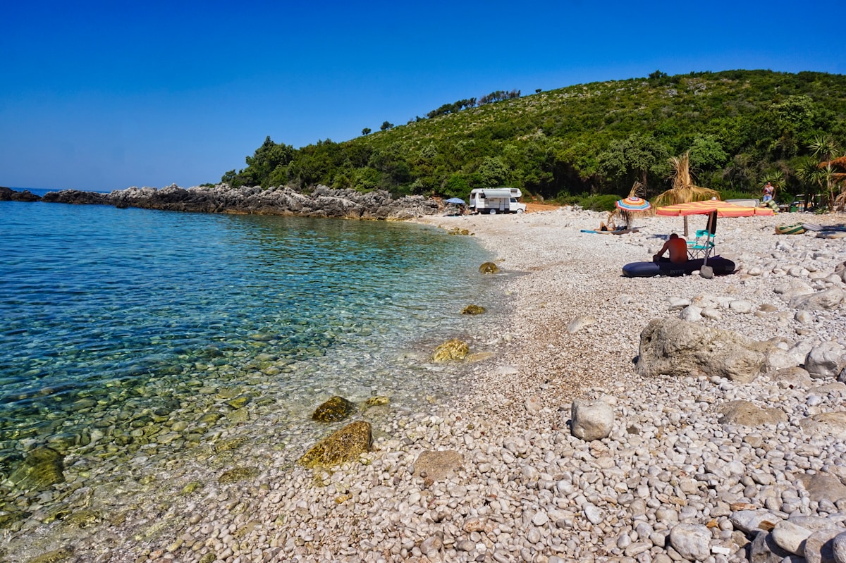 Rocky coastline and clear water on the Albanian Riviera near Himara