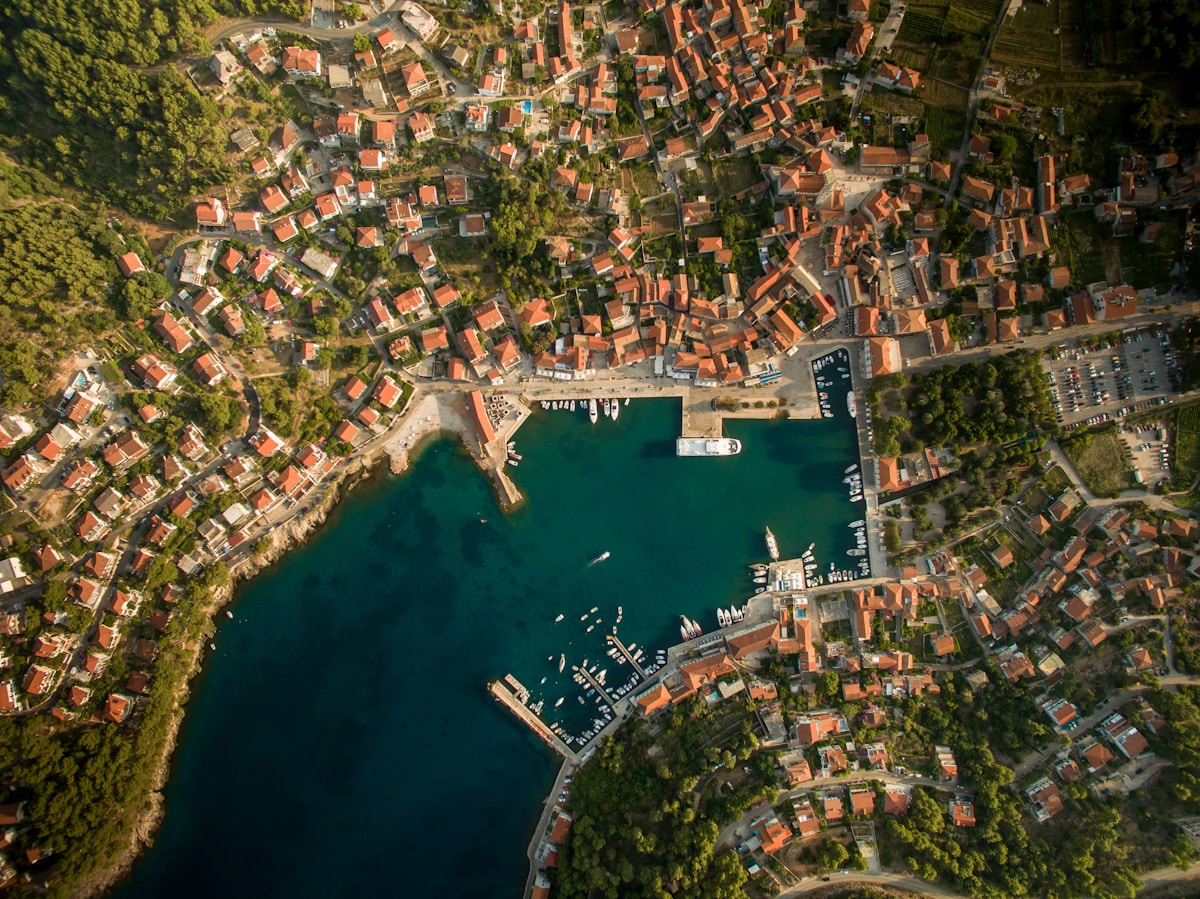 Hvar Town harbour with fortress above, Hvar island Croatia