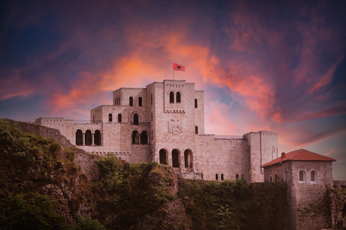 Krujë Castle at sunset overlooking the city, Albania