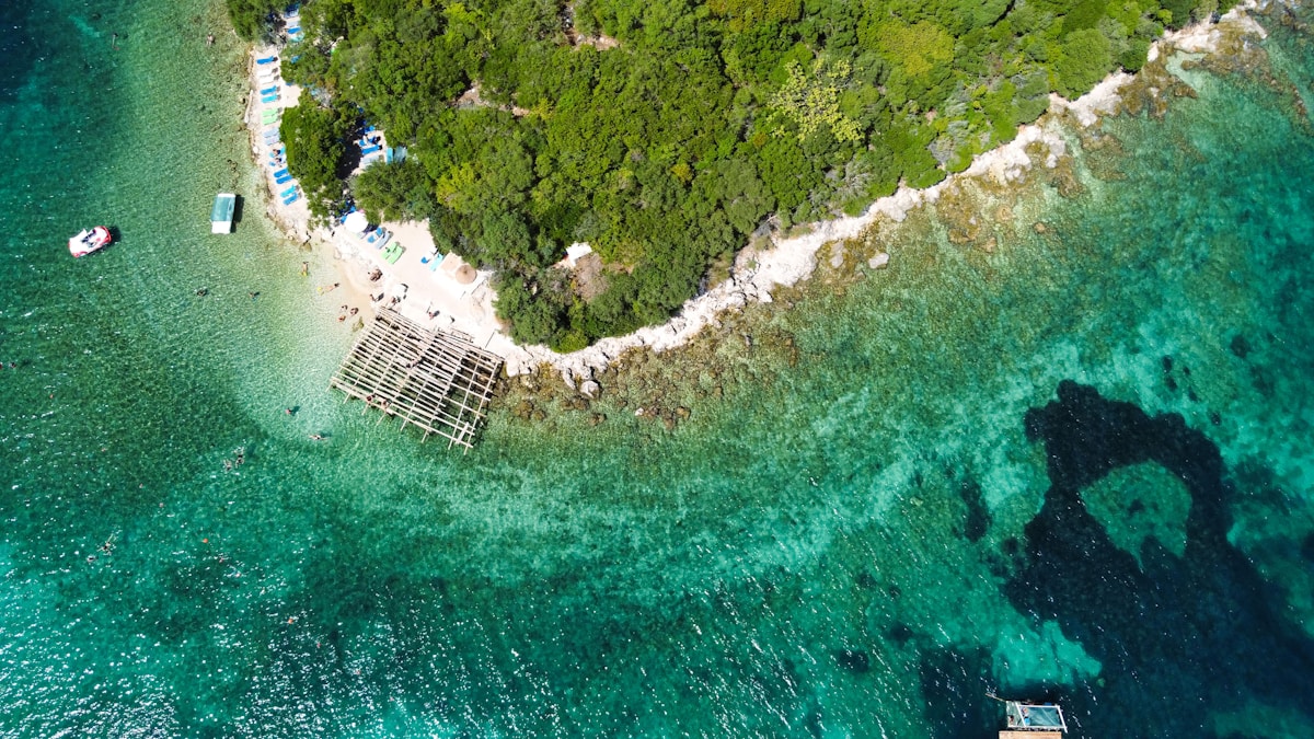 Aerial view of tiny island near Ksamil, Albania