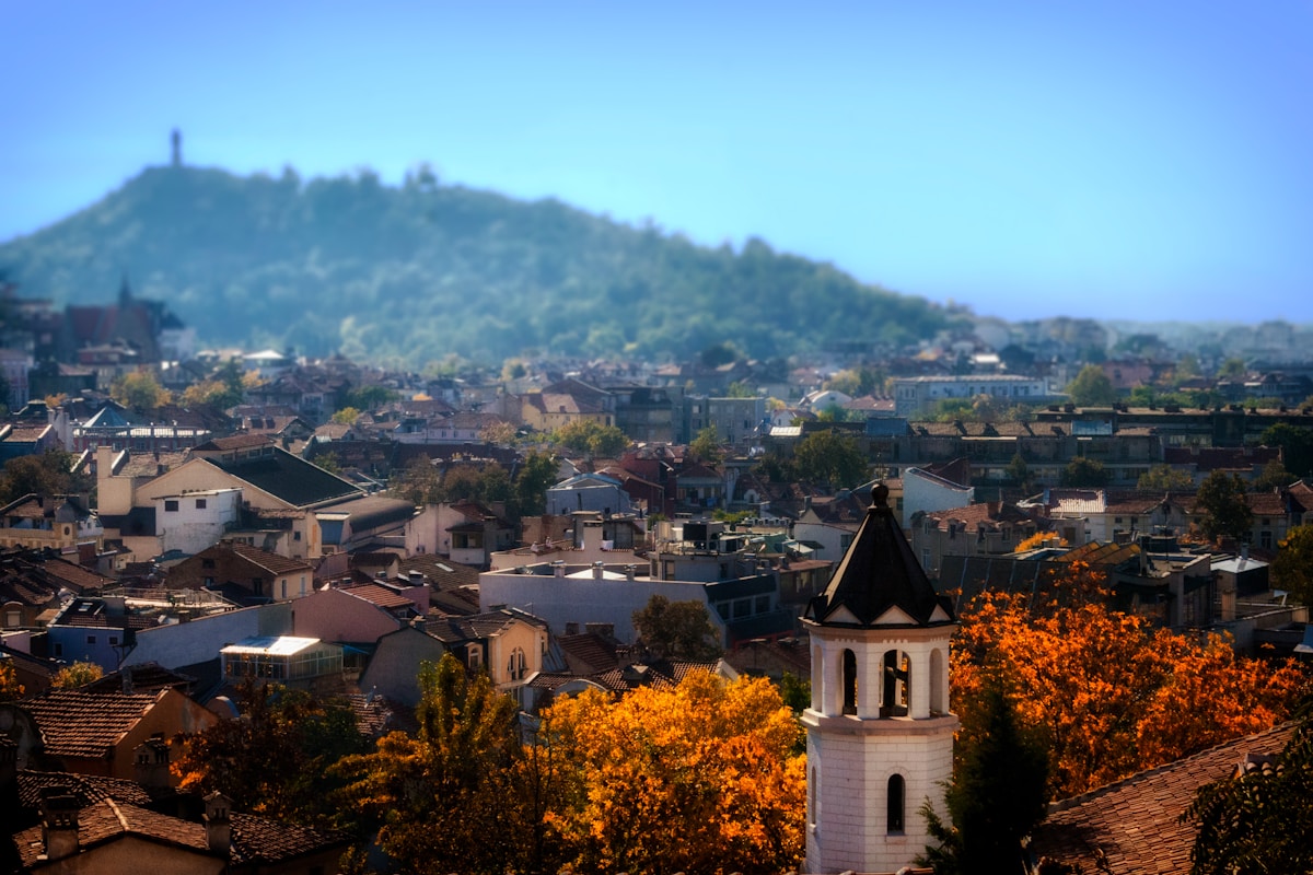 Rooftops and hillside panorama of Plovdiv's colourful old town
