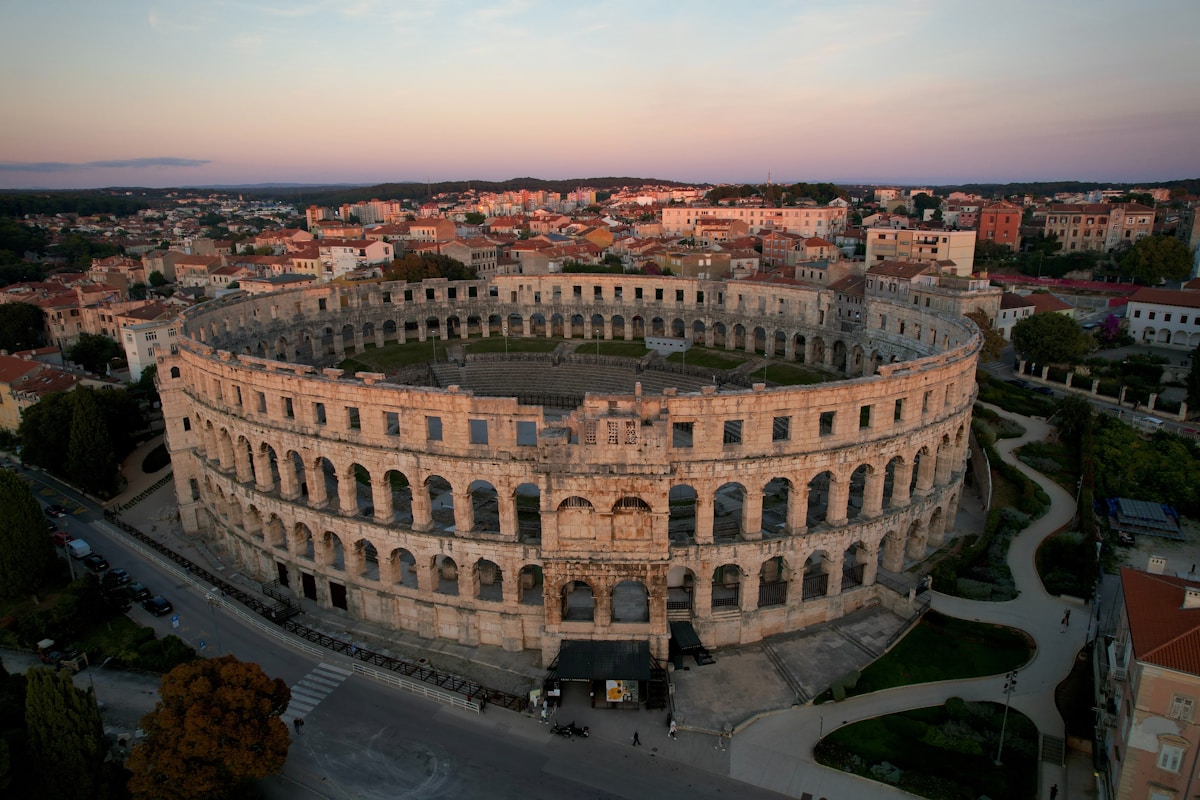 Pula Arena Roman amphitheatre at sunset, Istria, Croatia