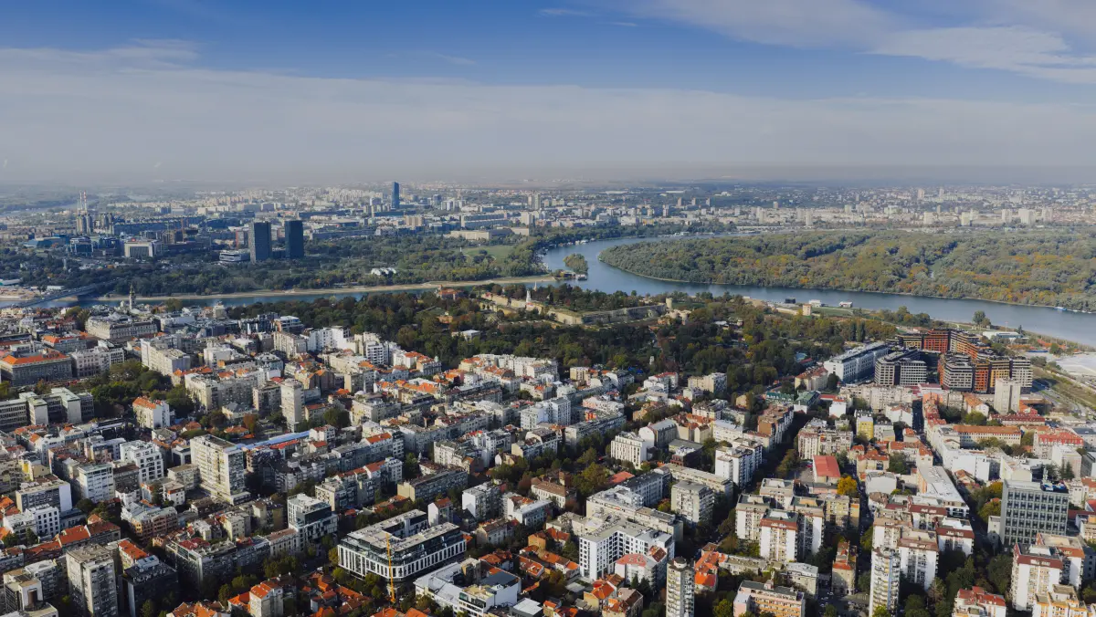 Aerial view of Belgrade cityscape with Kalemegdan Fortress and the Danube River, Serbia