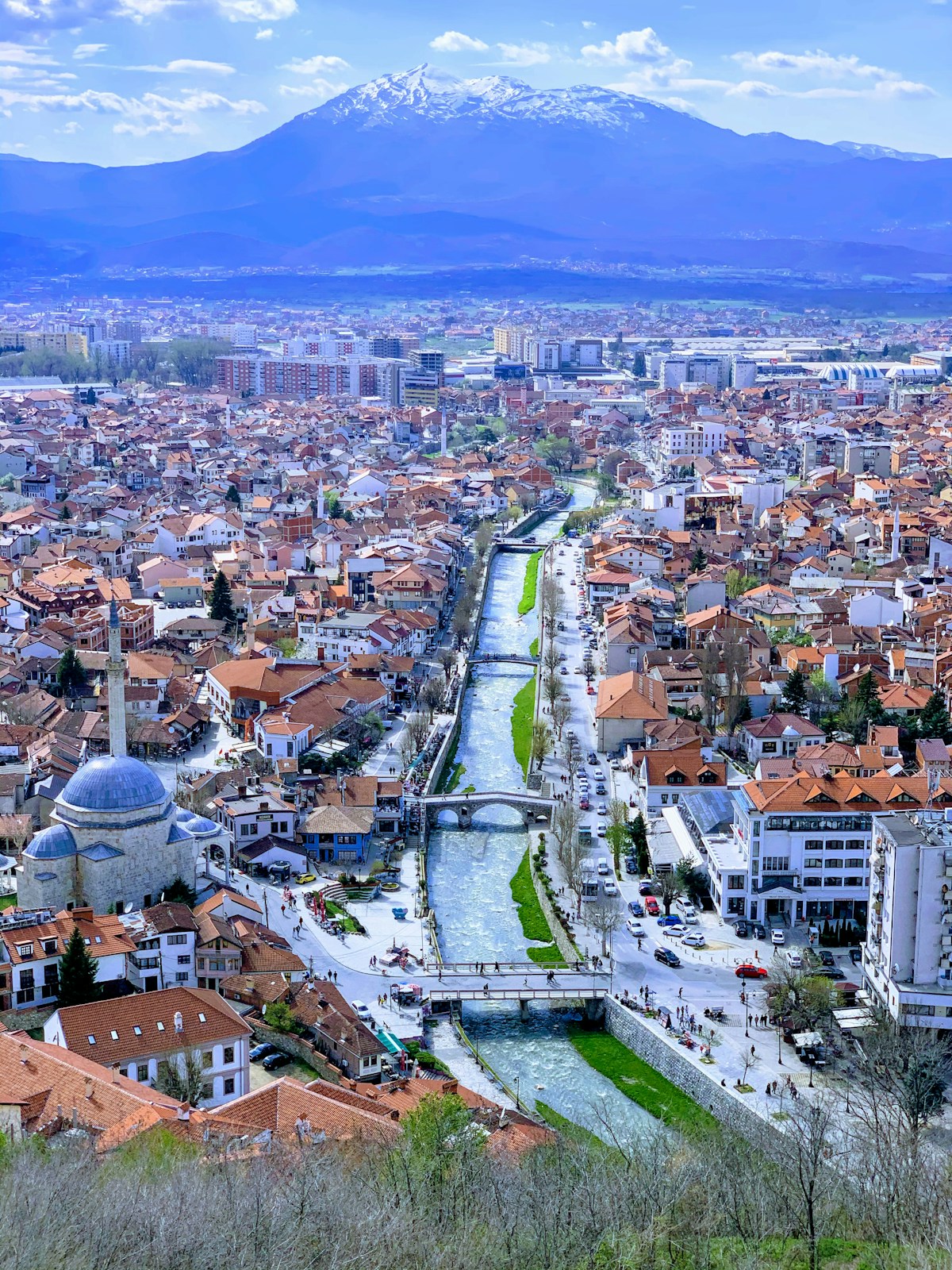Aerial view of Prizren with the Sinan Pasha Mosque and the Bistrica River