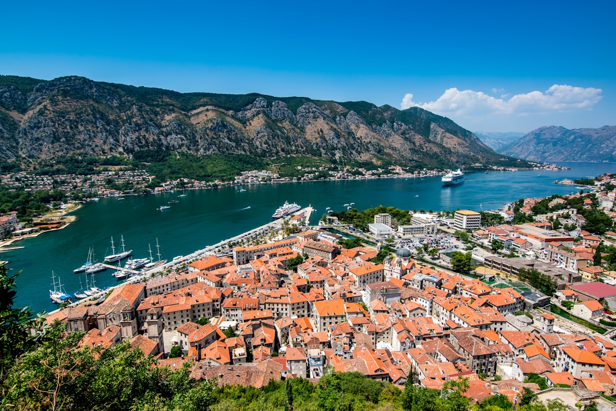 Houses near the Bay of Kotor with medieval town and mountains behind, Montenegro
