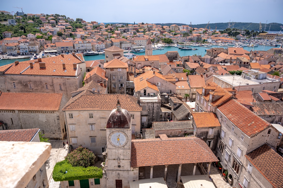 Aerial view of Trogir old town on the Dalmatian coast, Croatia