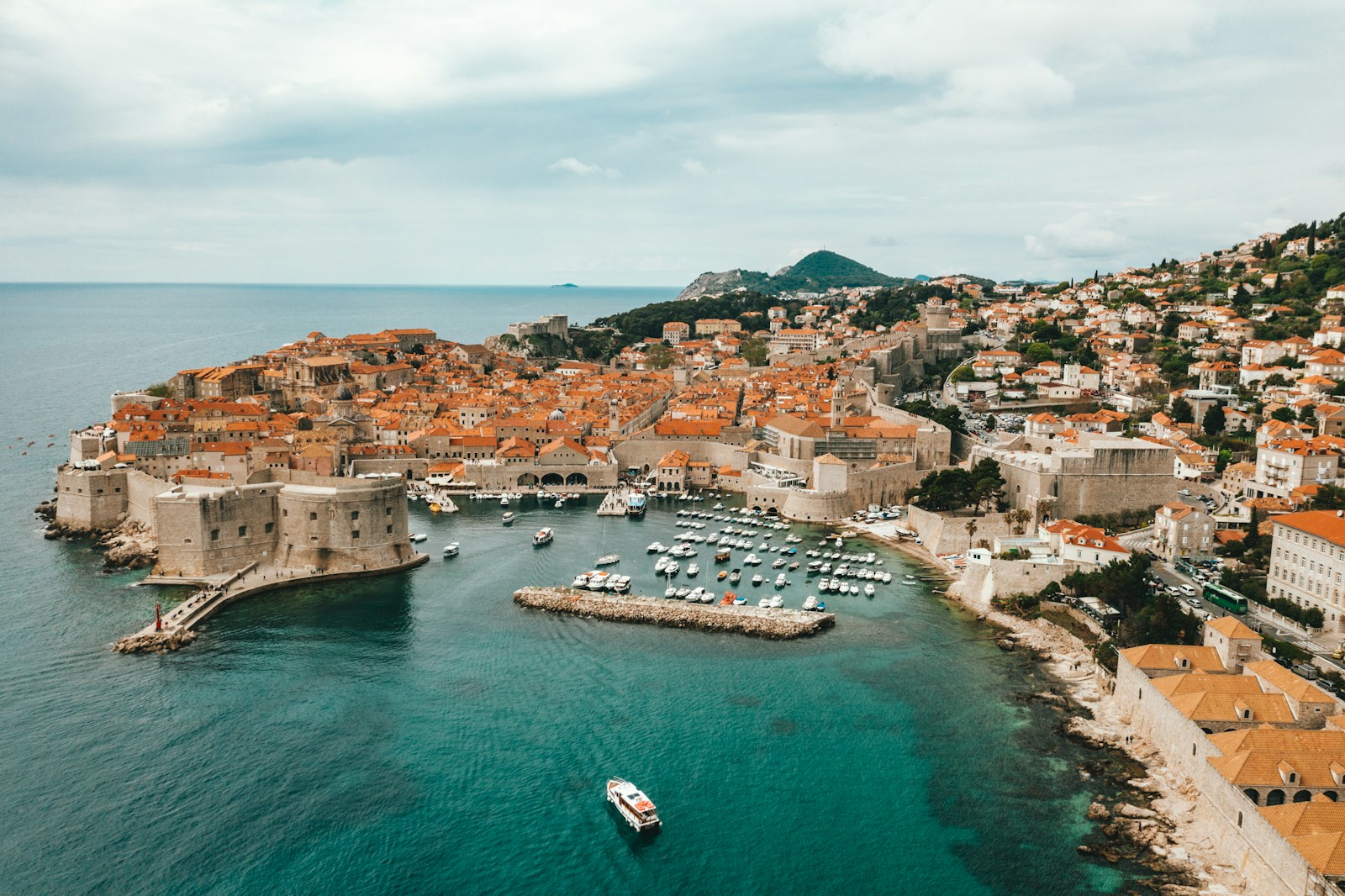 Aerial view of Dubrovnik's walled old town and harbour on the Adriatic coast