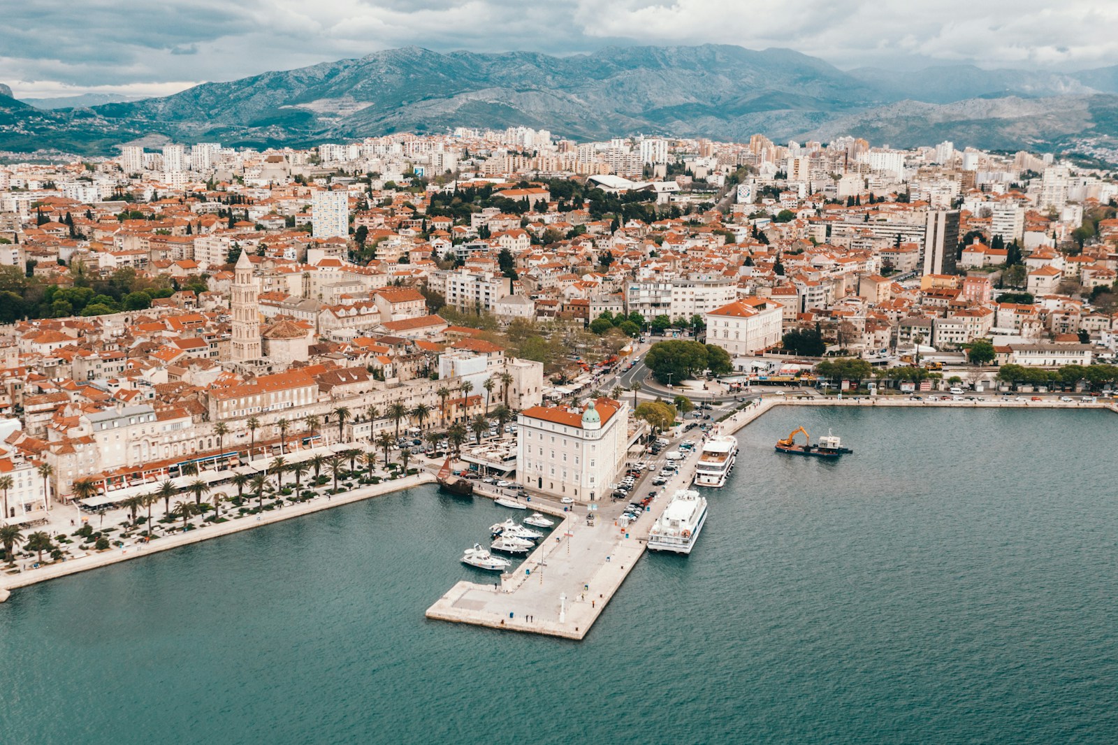 Aerial view of Split's old town waterfront with Diocletian's Palace and the Adriatic