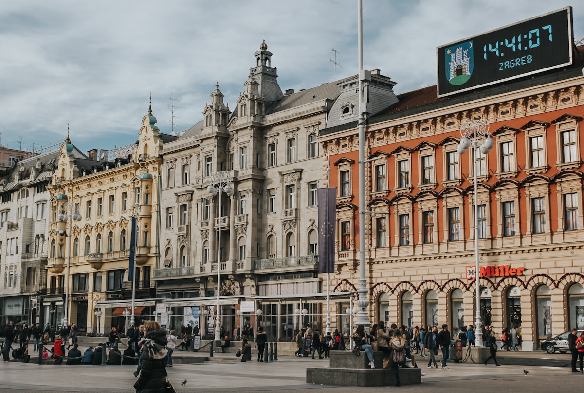 Ban Jelačić Square in Zagreb, Croatia, with historic Austro-Hungarian facades and the city clock