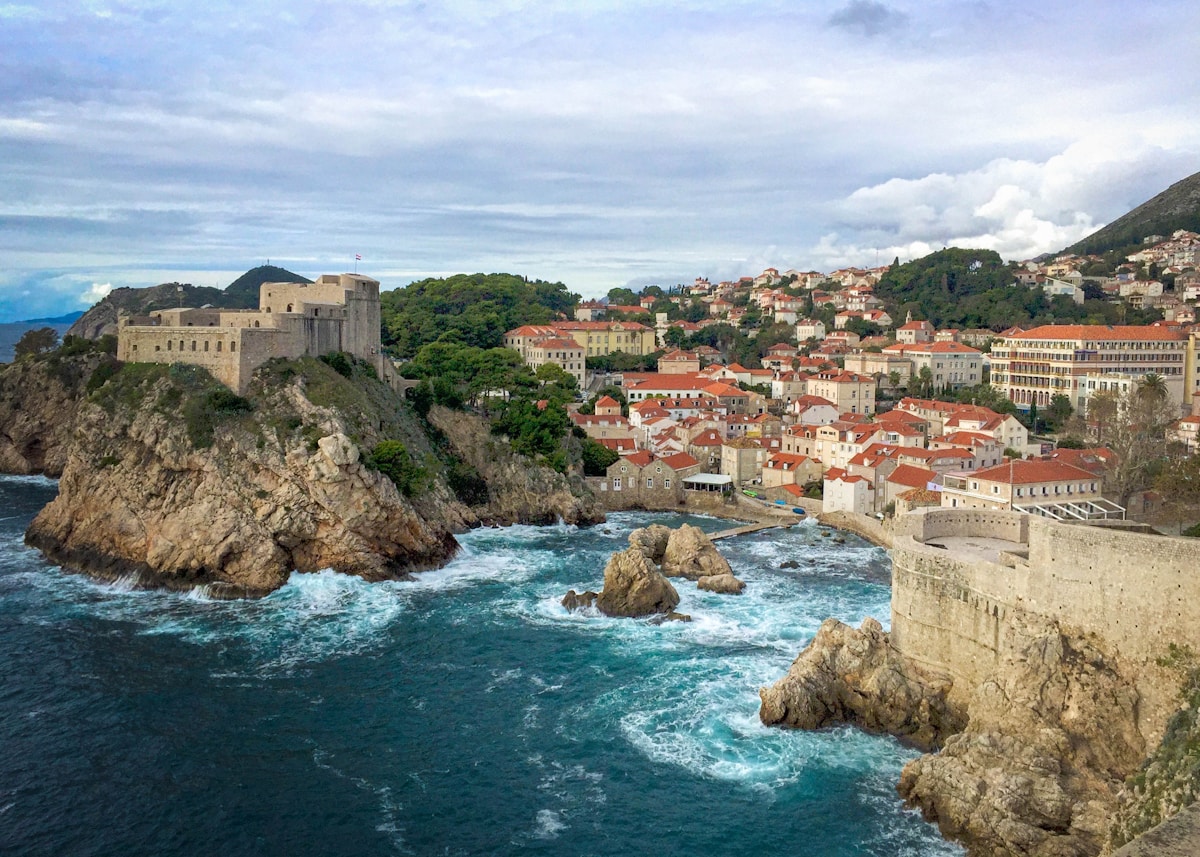 Dubrovnik old town buildings seen from the Adriatic coast, Croatia