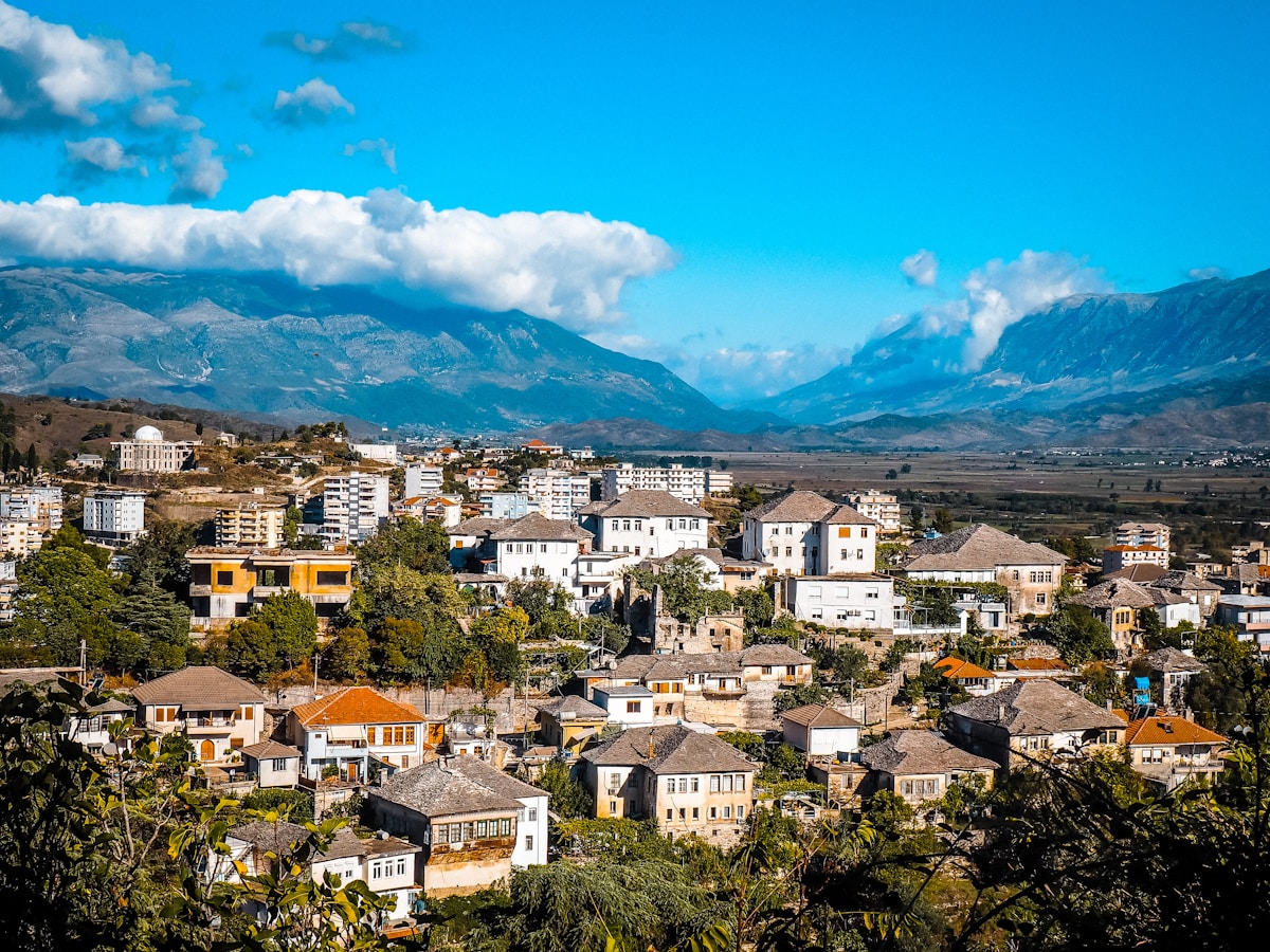 Stone-roofed old houses and citadel towers of Gjirokaster, Albania