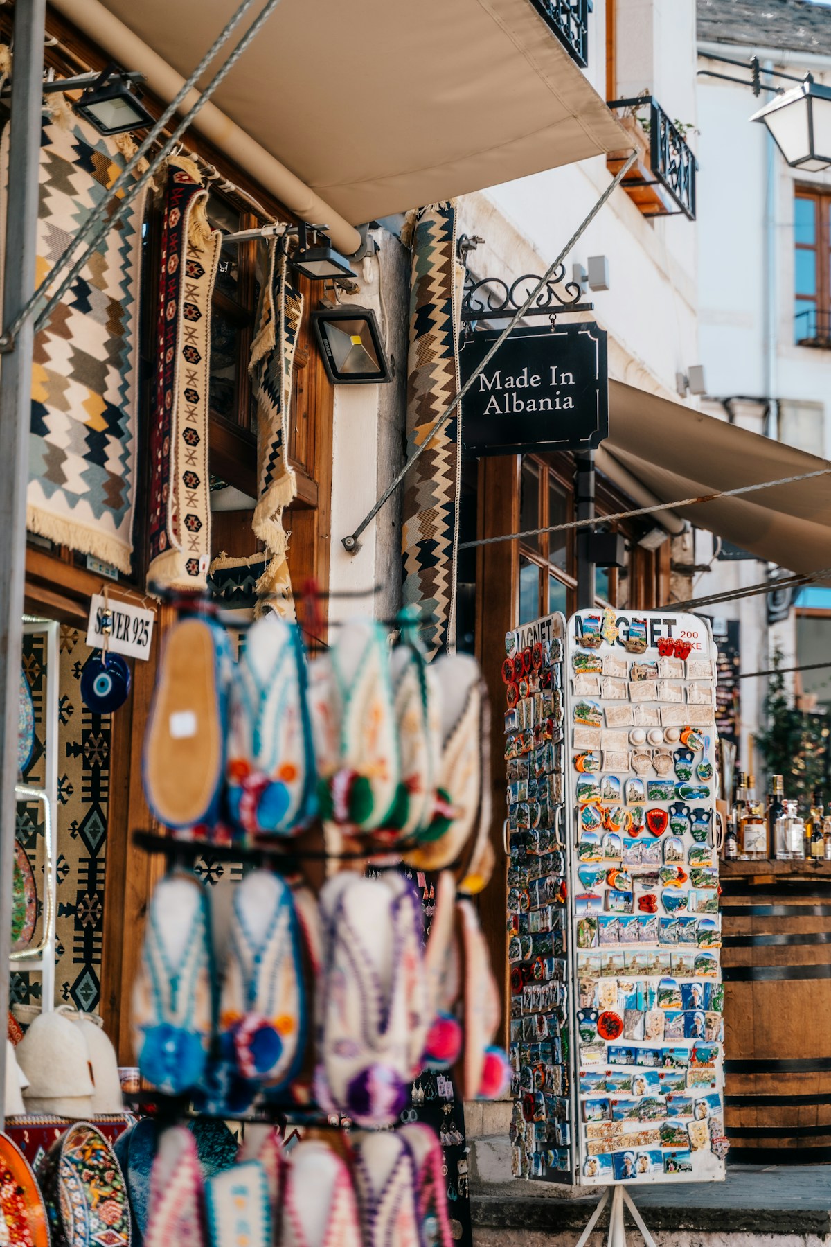 Colourful market stalls in Gjirokaster old bazaar, Albania