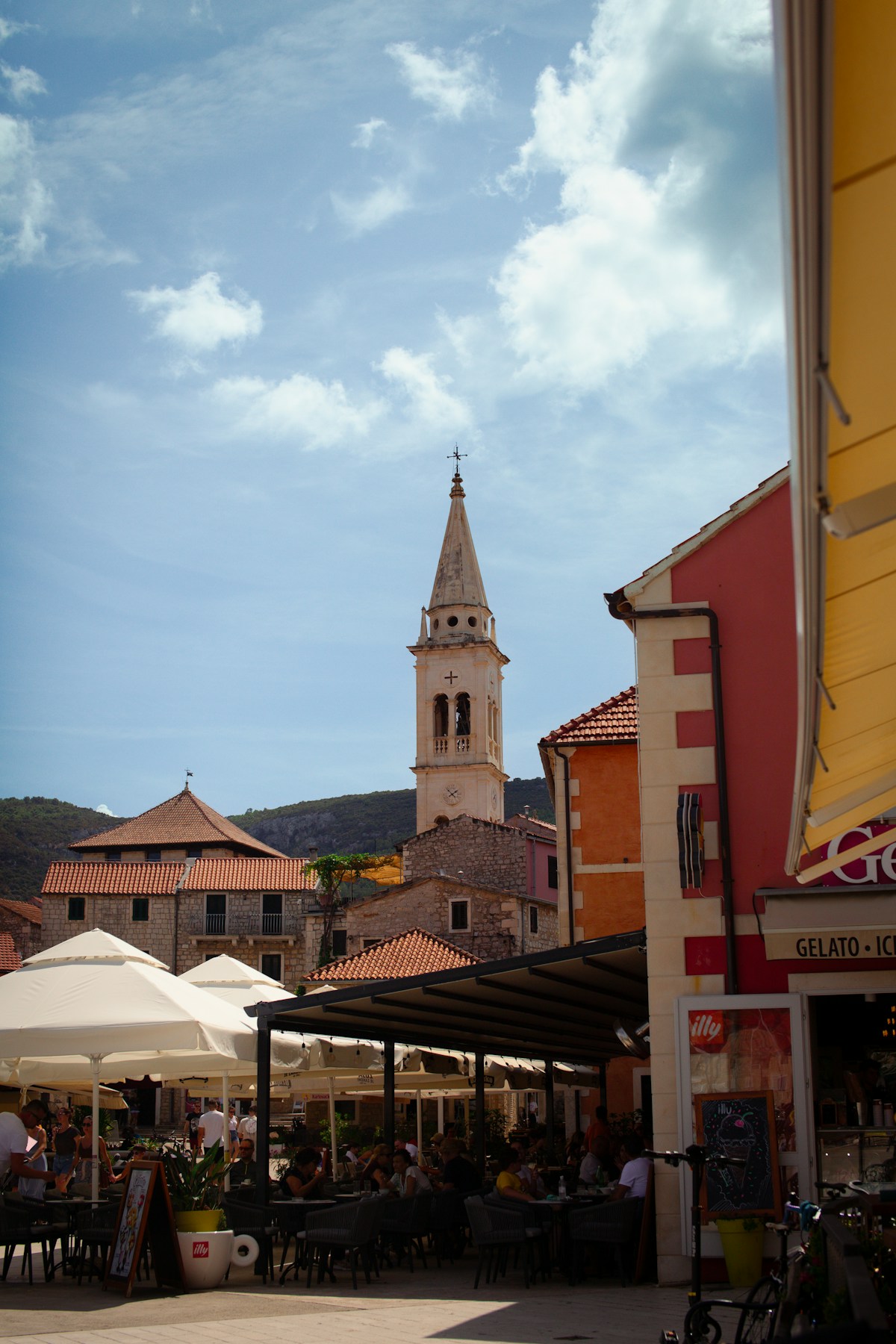 Town square with clock tower in Jelsa, Hvar island, Croatia
