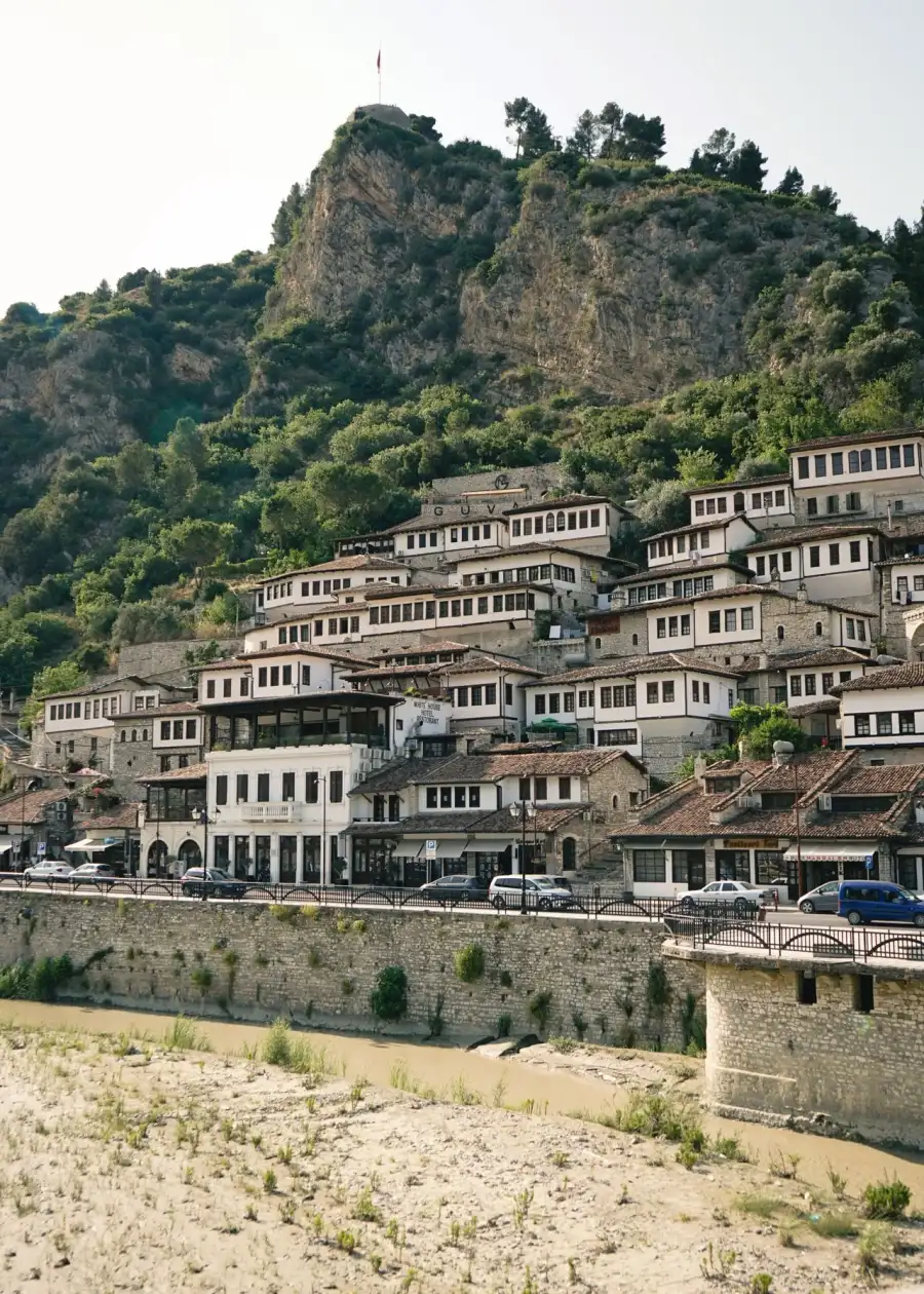 Ottoman-era white houses climbing the hillside in Berat, Albania