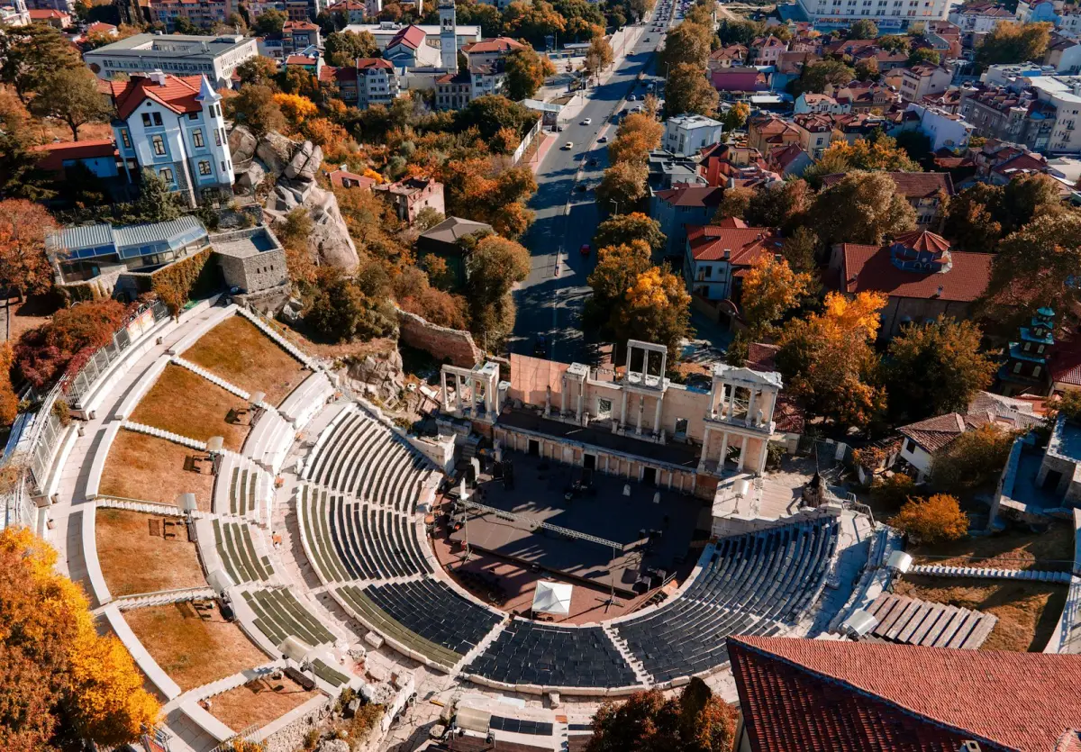 Aerial view of the Roman Theatre of Philippopolis in Plovdiv, Bulgaria