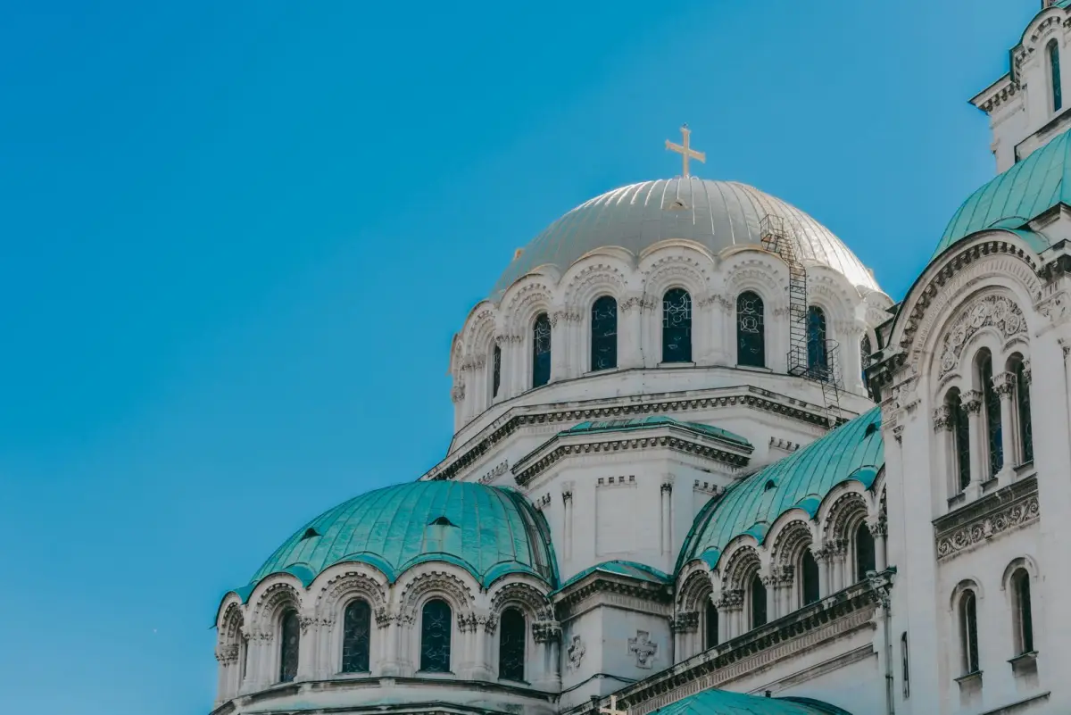 Domes of Alexander Nevsky Cathedral against a blue sky, Sofia, Bulgaria