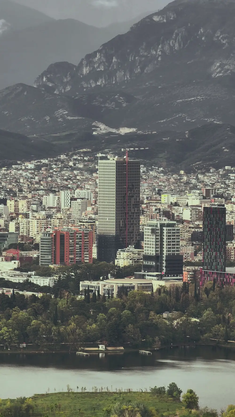 Tirana city skyline backed by mountains, Albania