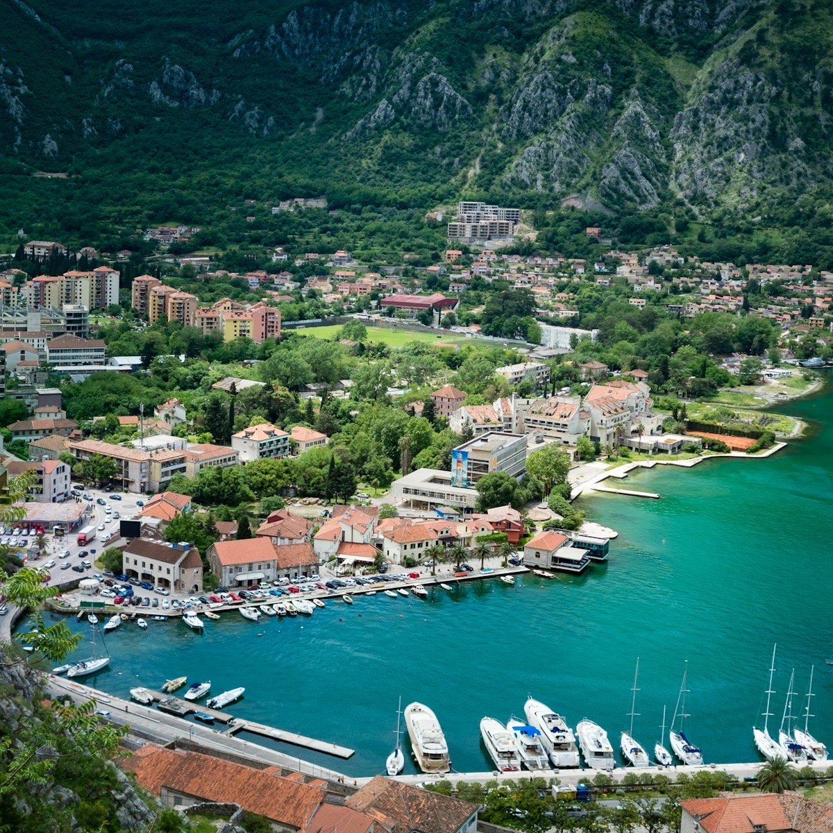 Aerial view of Kotor old town and the Bay of Kotor, Montenegro