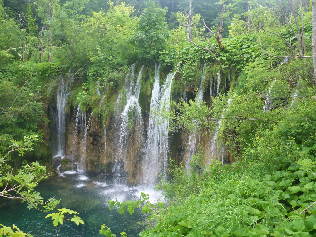 Waterfalls cascading through forest at Plitvice Lakes National Park, Croatia