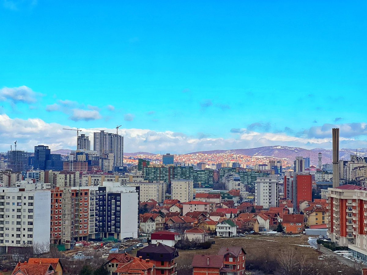 Panoramic view of Pristina city with mountains behind, Kosovo