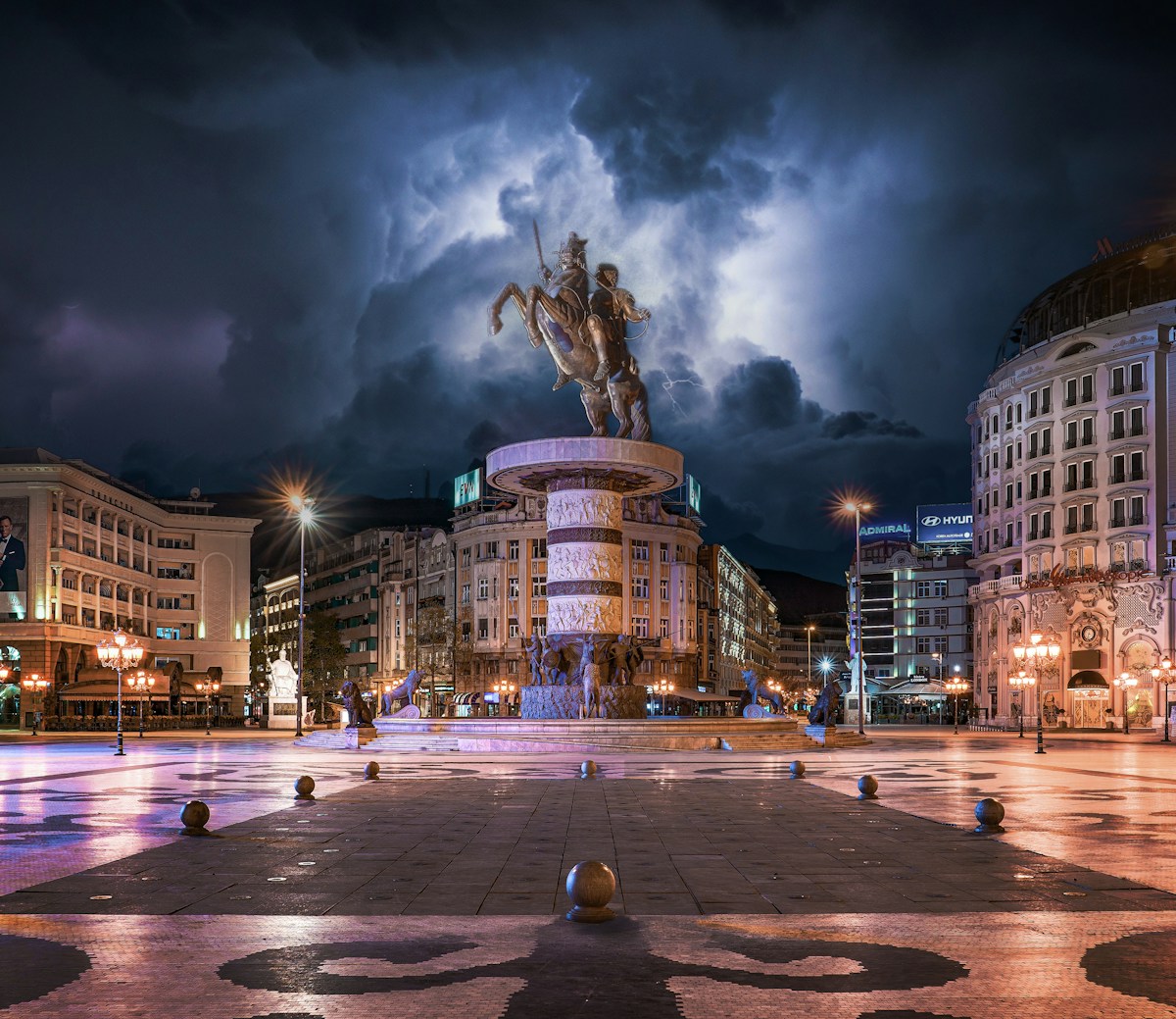 Equestrian Warrior statue at Macedonia Square at night, Skopje, North Macedonia