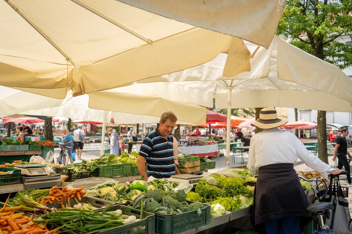 People shopping for produce at an outdoor market in Ljubljana, Slovenia