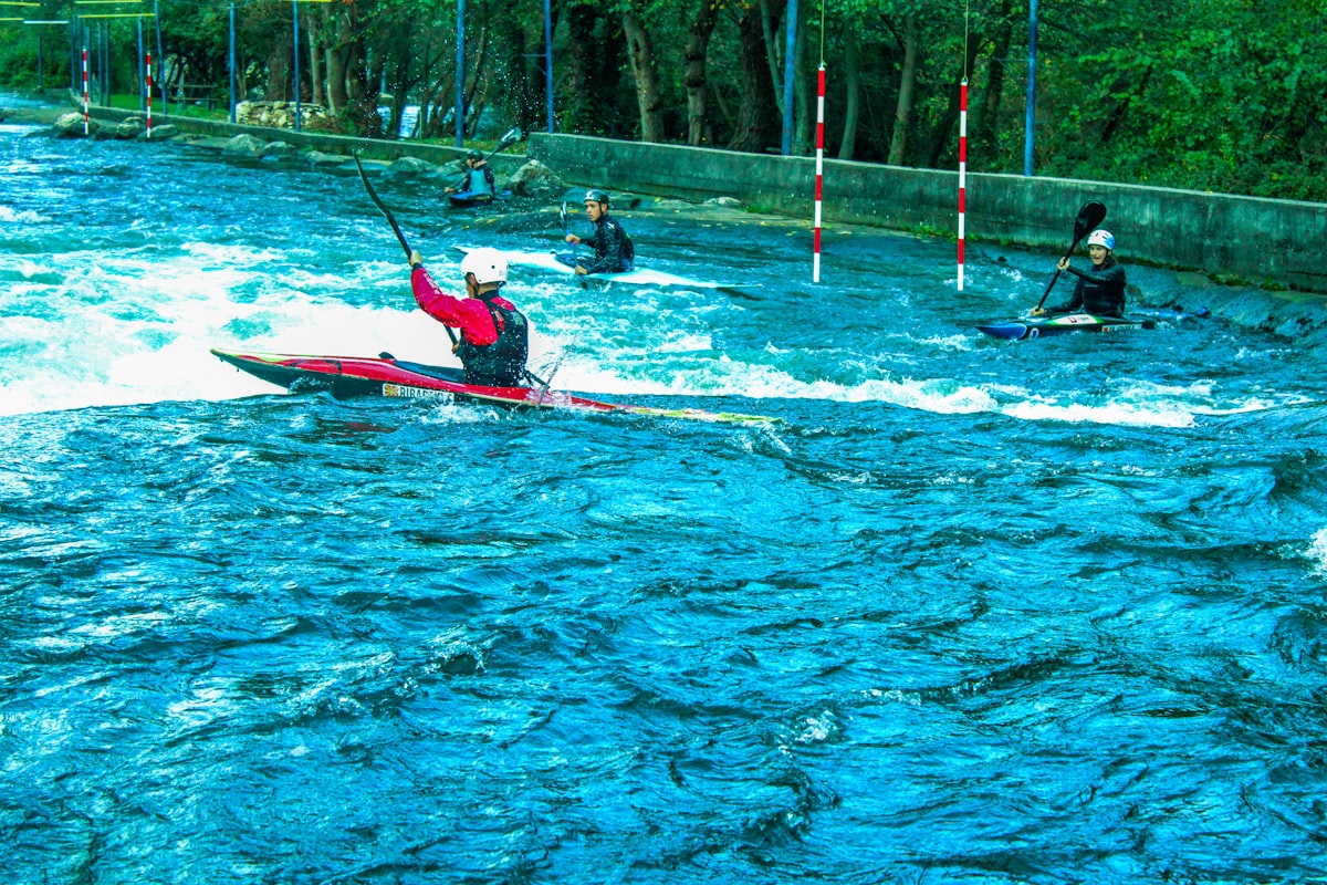 Kayakers paddling on the river at Matka Canyon, North Macedonia