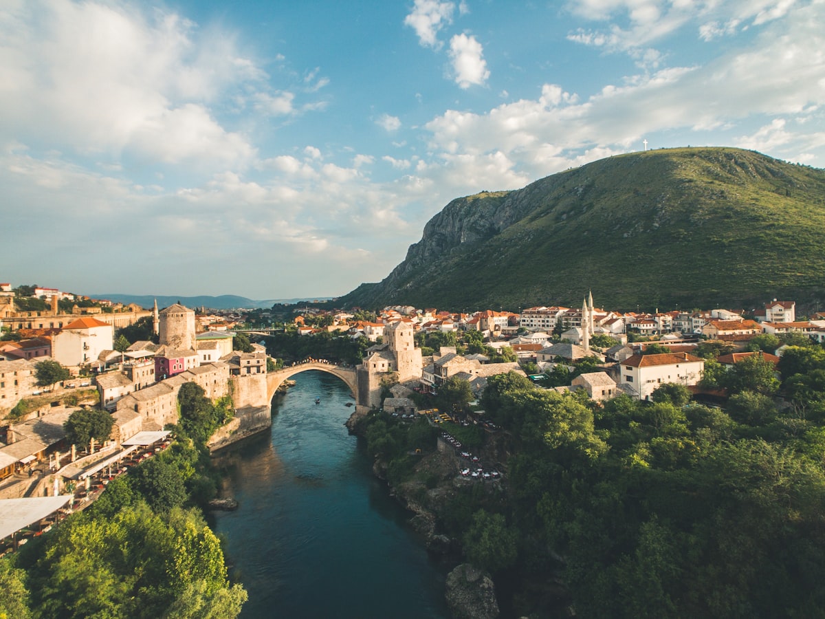 Stari Most (Old Bridge) arching over the Neretva River in Mostar, Bosnia and Herzegovina