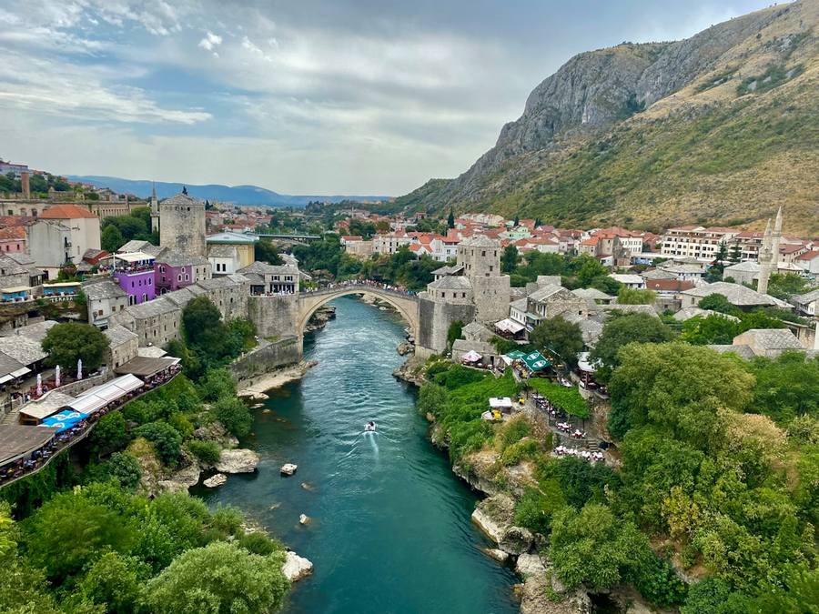 Aerial view of Mostar city and the Neretva River, Bosnia and Herzegovina