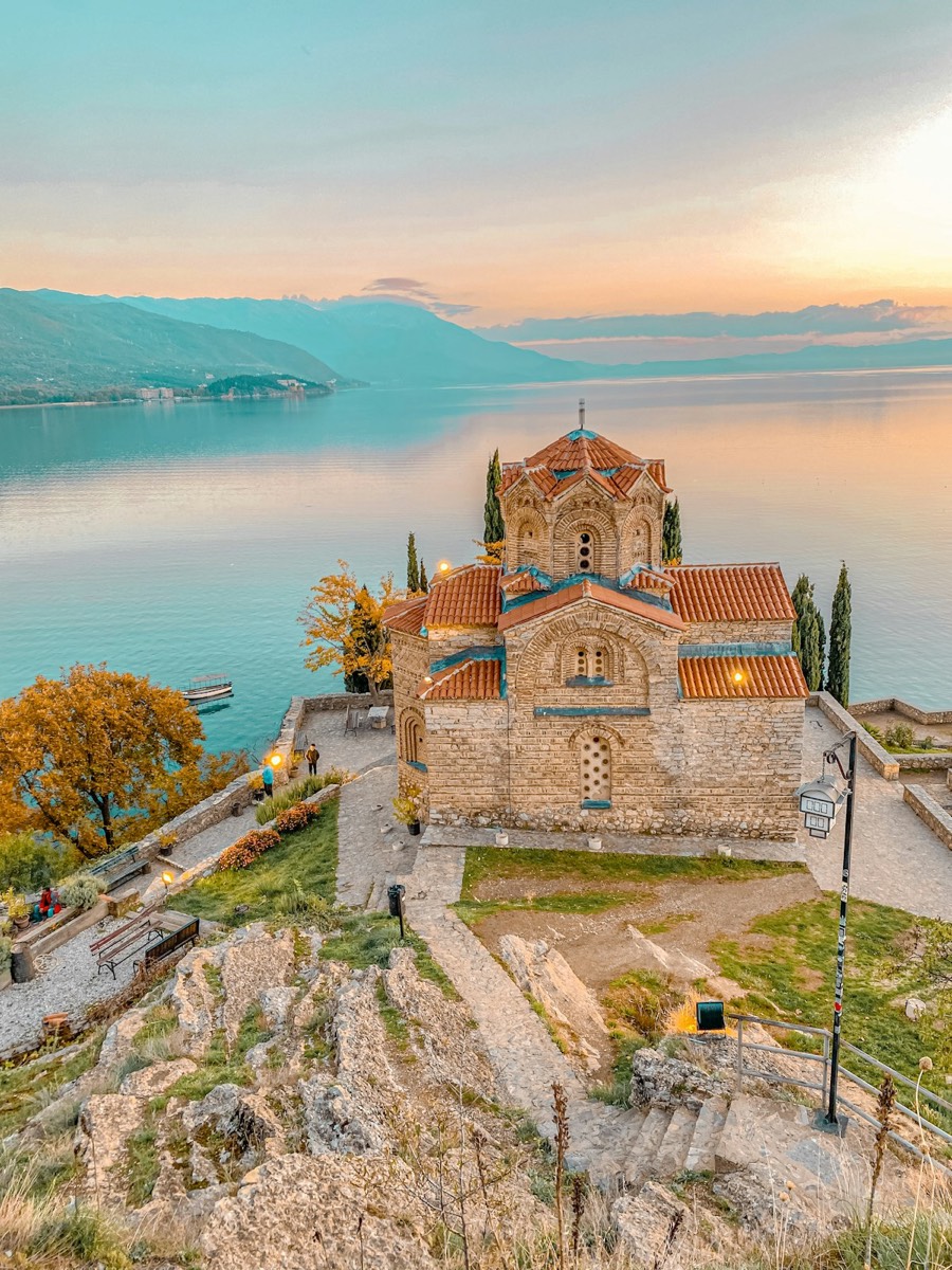 St John at Kaneo Church above Lake Ohrid at golden hour, North Macedonia