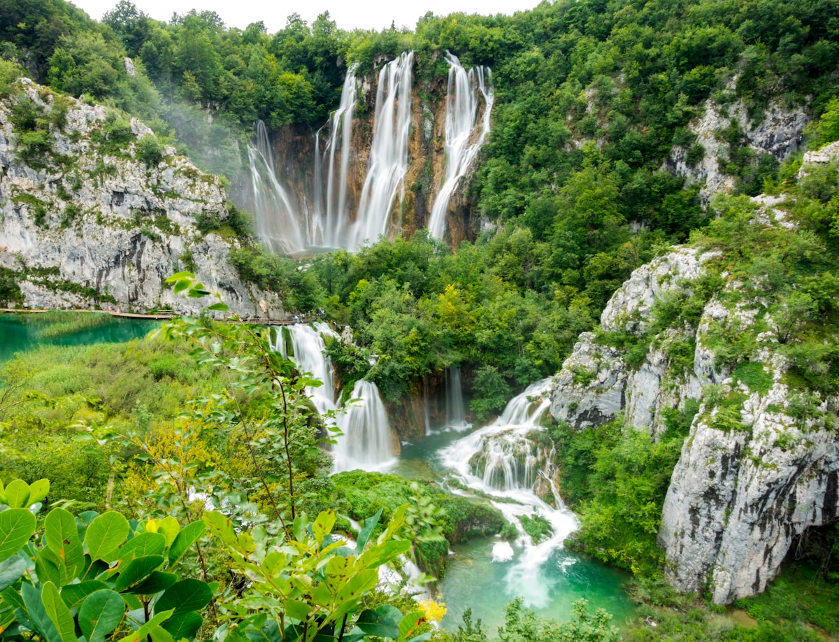Cascading waterfalls and turquoise lakes at Plitvice Lakes National Park, Croatia