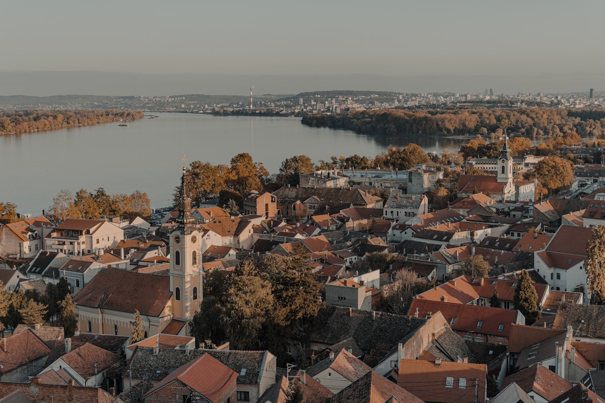 Aerial view of Zemun and Belgrade across the Danube, Serbia