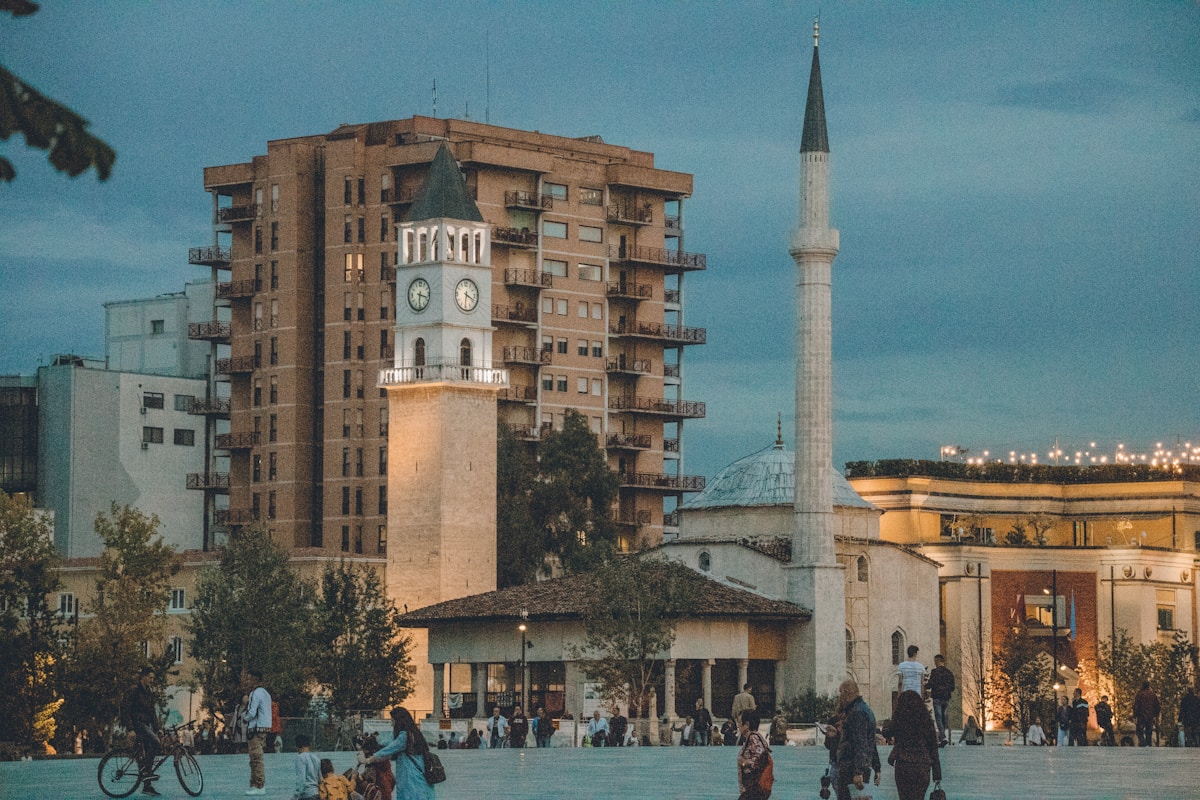 Skanderbeg Square at dusk with Clock Tower, Tirana, Albania