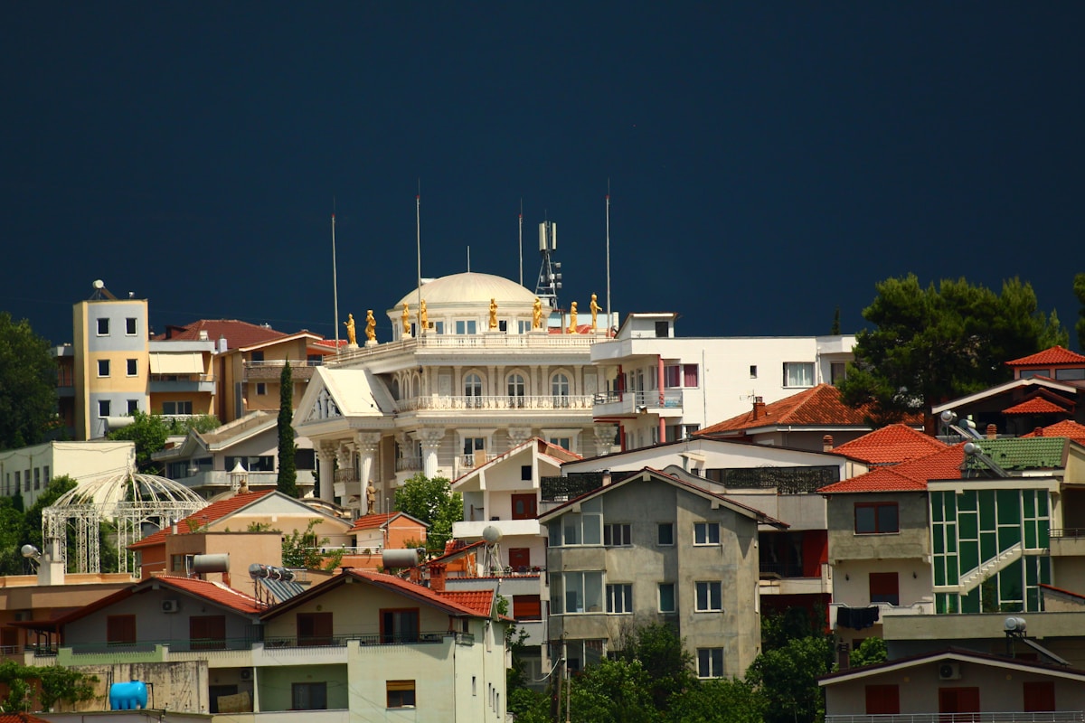 View of Tirana city with buildings and mountains behind, Albania