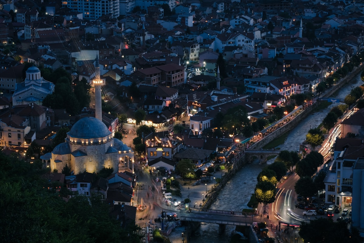 Prizren illuminated at night, Kosovo