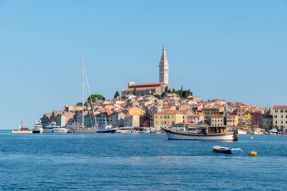 Colourful buildings and boats in Rovinj harbour, Istria, Croatia