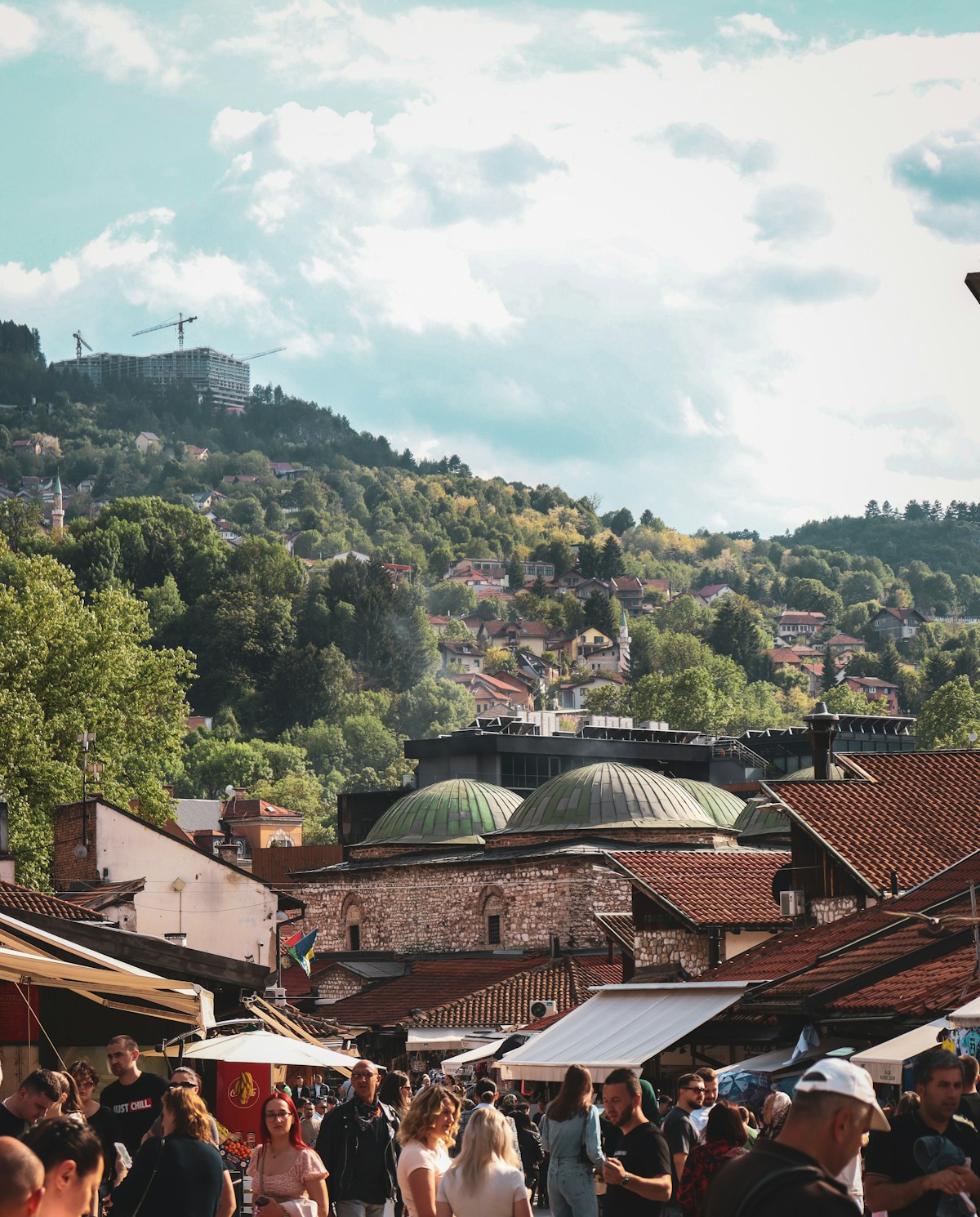 Cobblestone street lined with shops in Sarajevo, Bosnia and Herzegovina