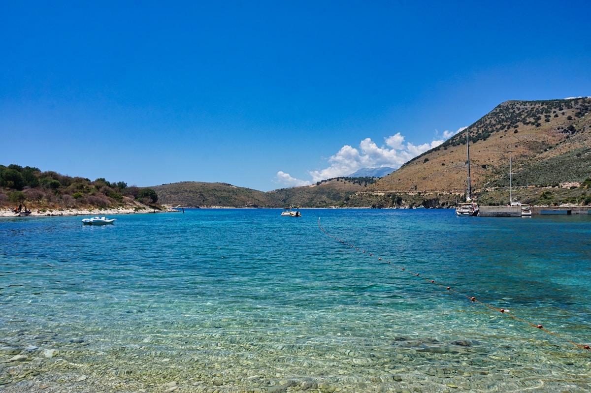 Boats moored in Porto Palermo bay on the Albanian Riviera