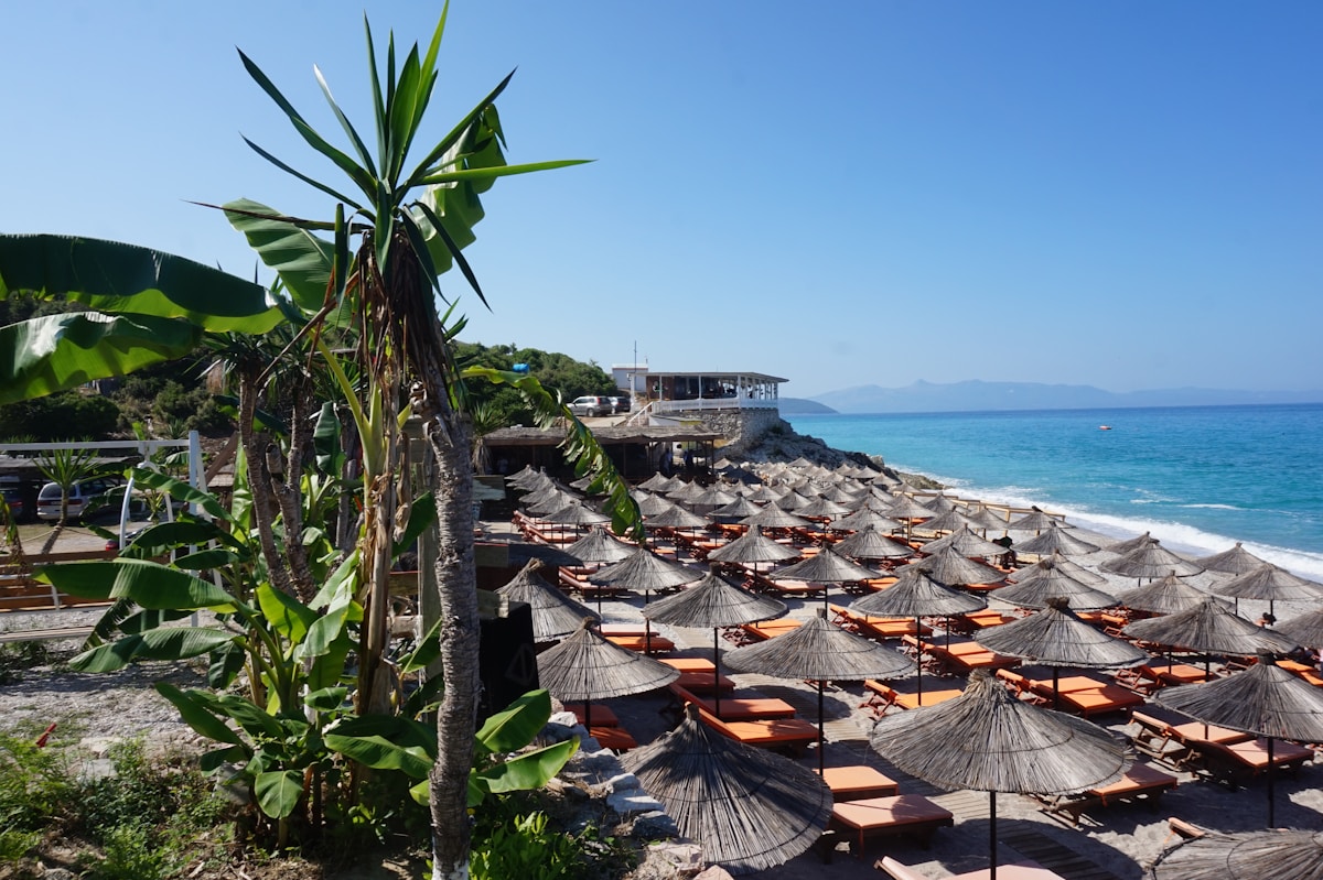 Beach bar and parasols at Lukova Beach on the Albanian Riviera