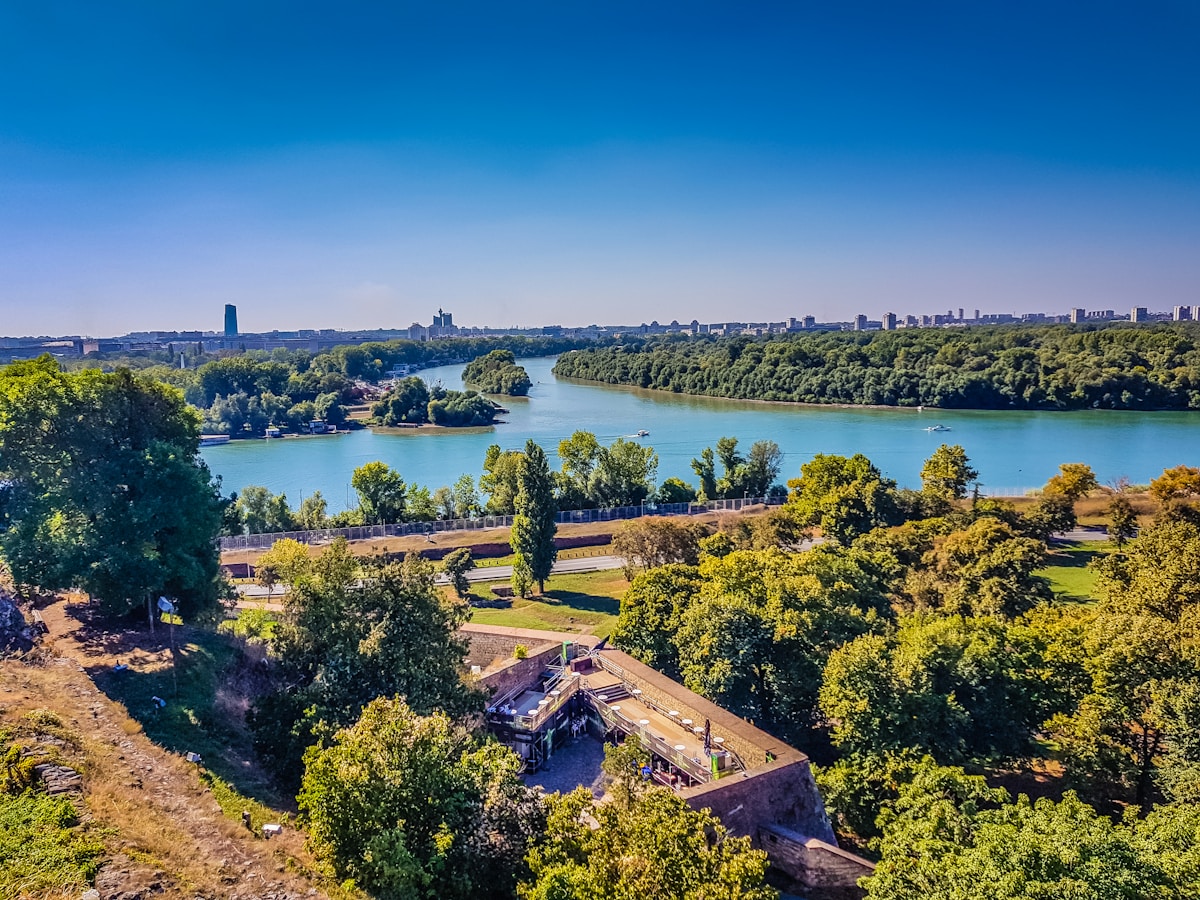 Aerial view of a park beside the river in Belgrade, Serbia