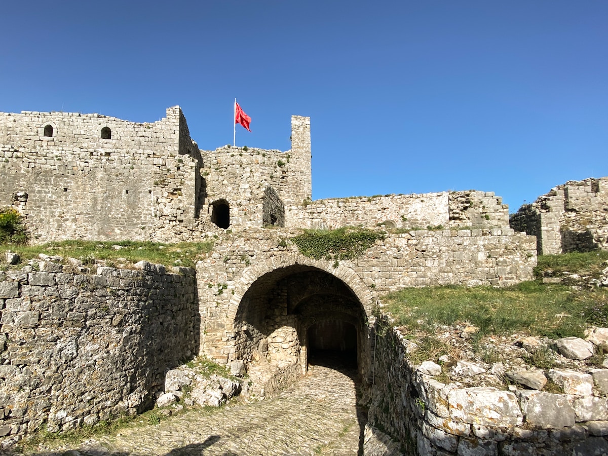 Stone gateway and ruins of Rozafa Castle overlooking Shkodër, Albania